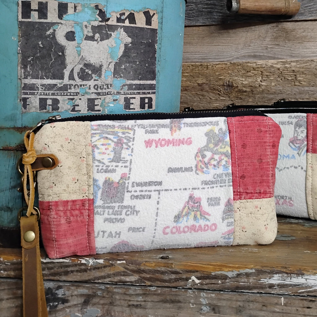 Vintage Western States Souvenir Map Tablecloth + Antique Quilt Wristlet Clutch