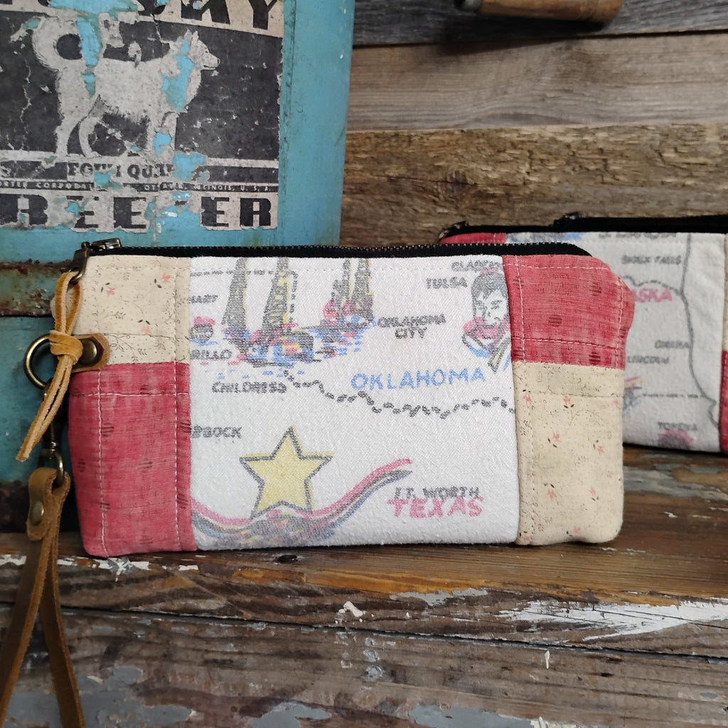 Vintage Western States Souvenir Map Tablecloth + Antique Quilt Wristlet Clutch