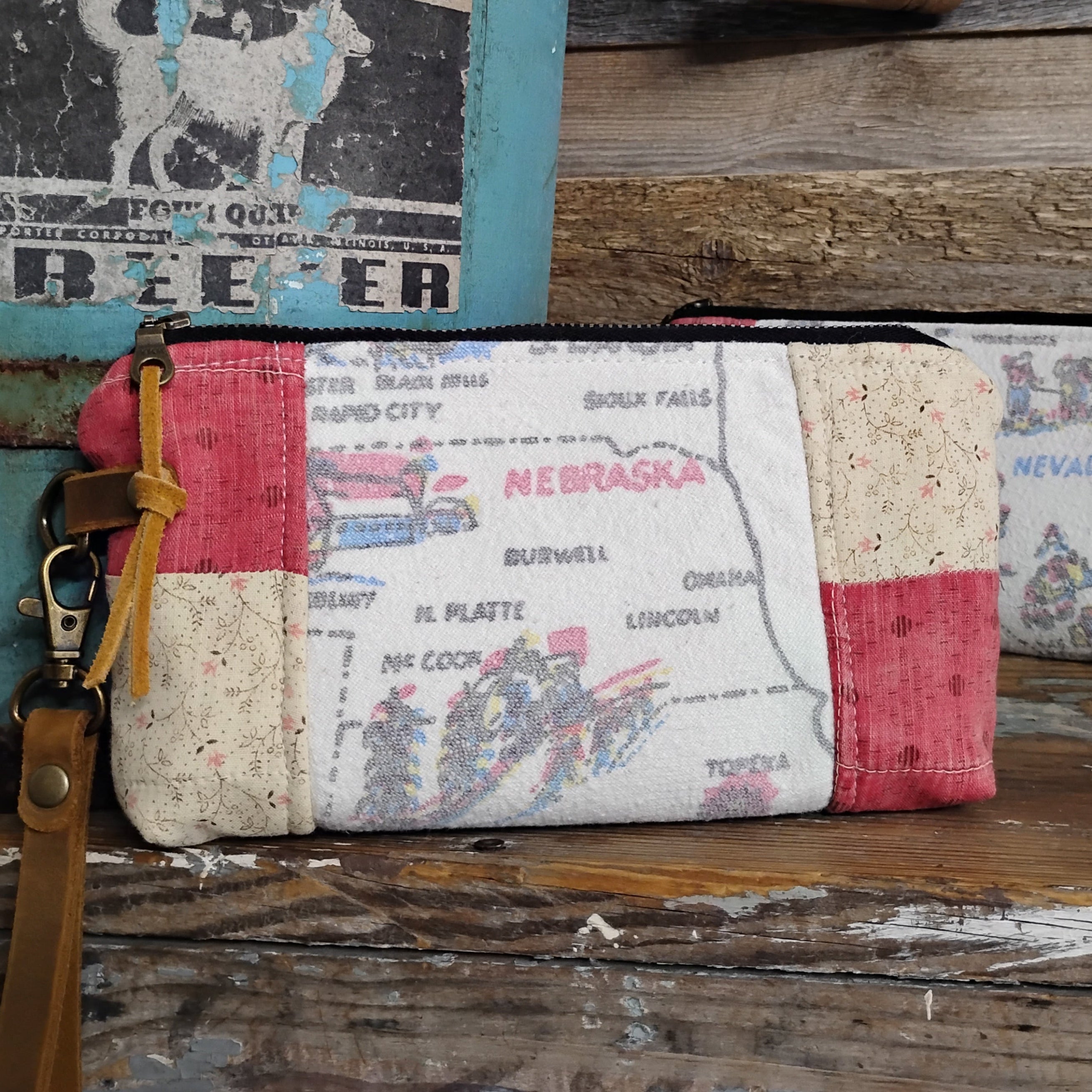 Vintage Western States Souvenir Map Tablecloth + Antique Quilt Wristlet Clutch