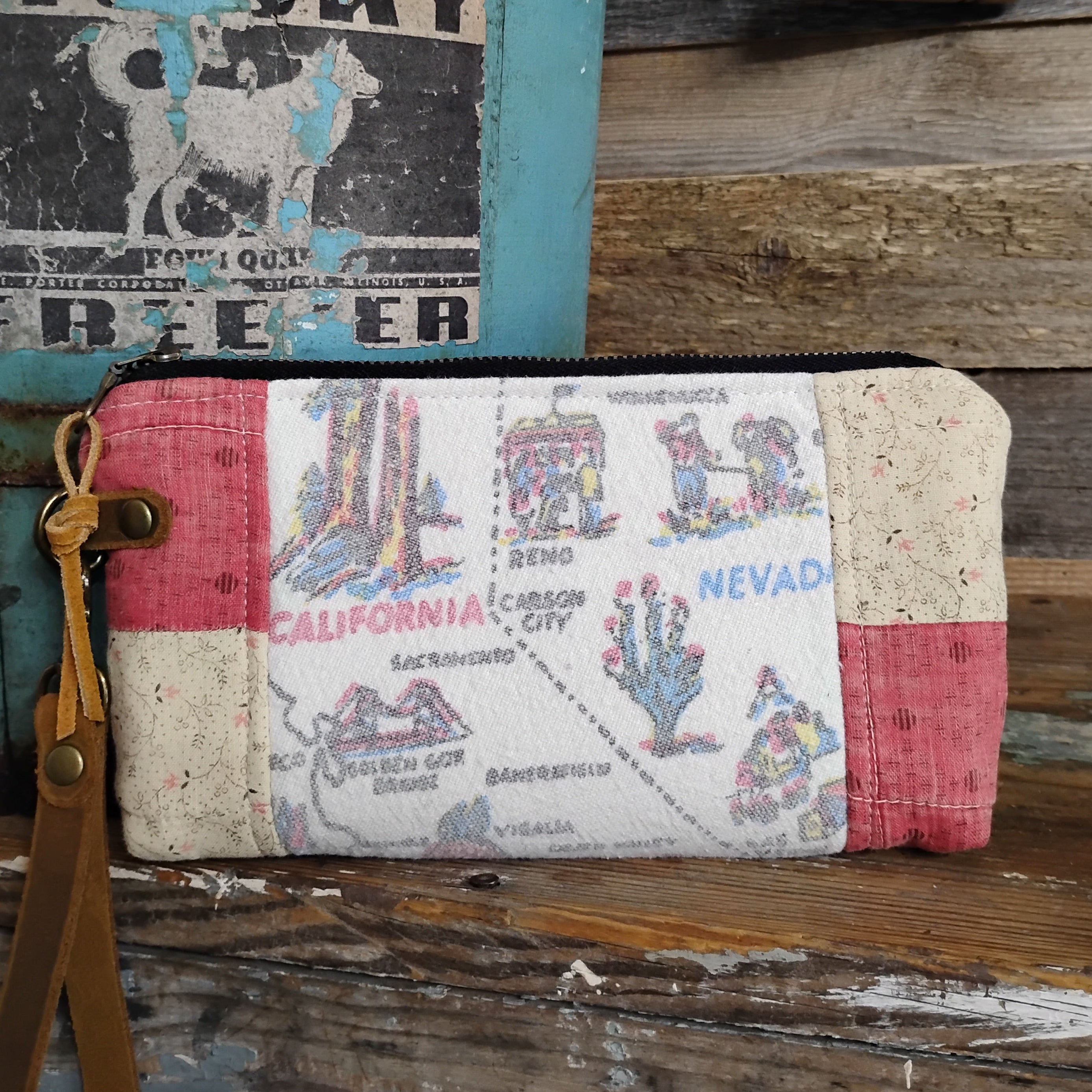 Vintage Western States Souvenir Map Tablecloth + Antique Quilt Wristlet Clutch