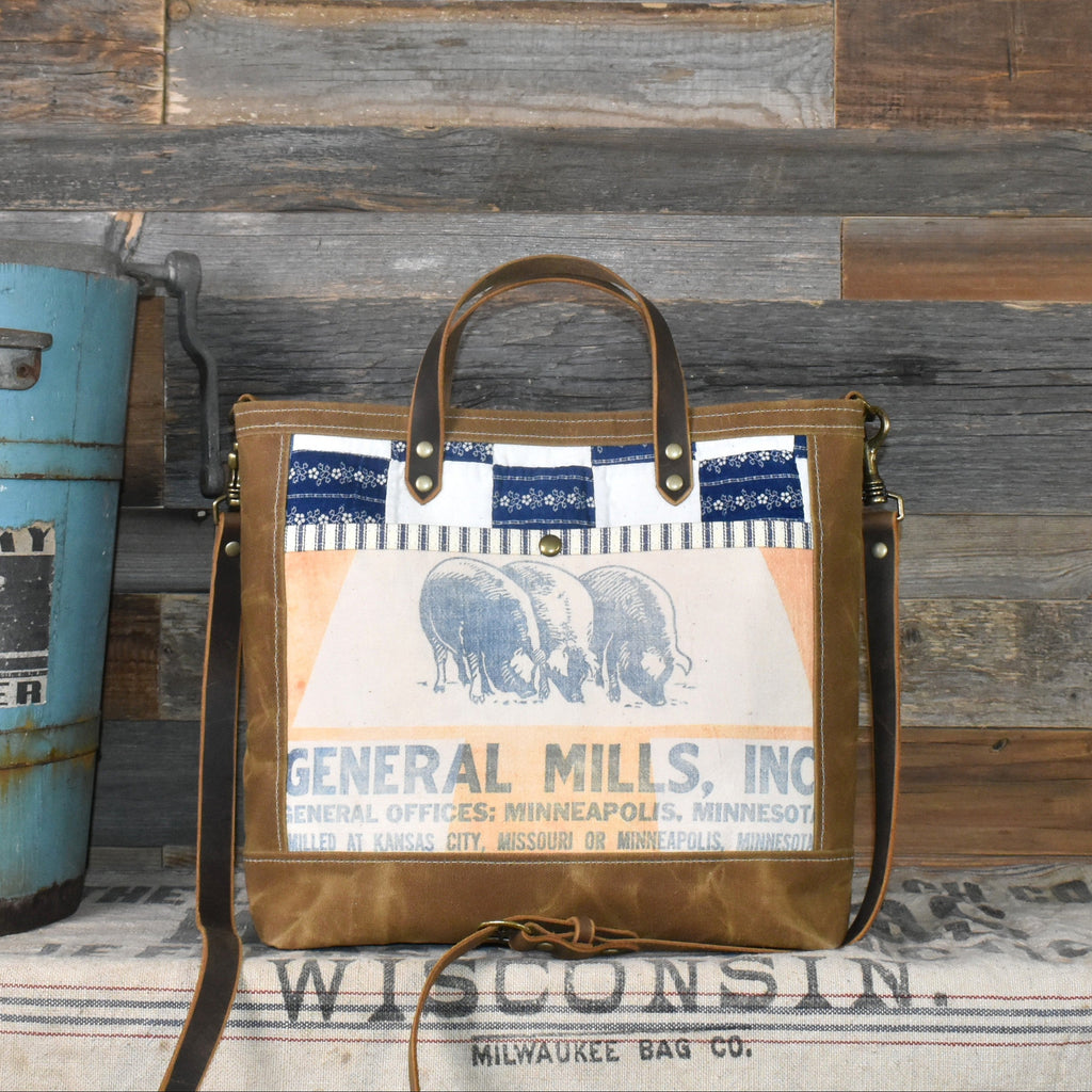 Vintage Quilt + Vintage Gold Medal Feed Sack Waxed Canvas Tote
