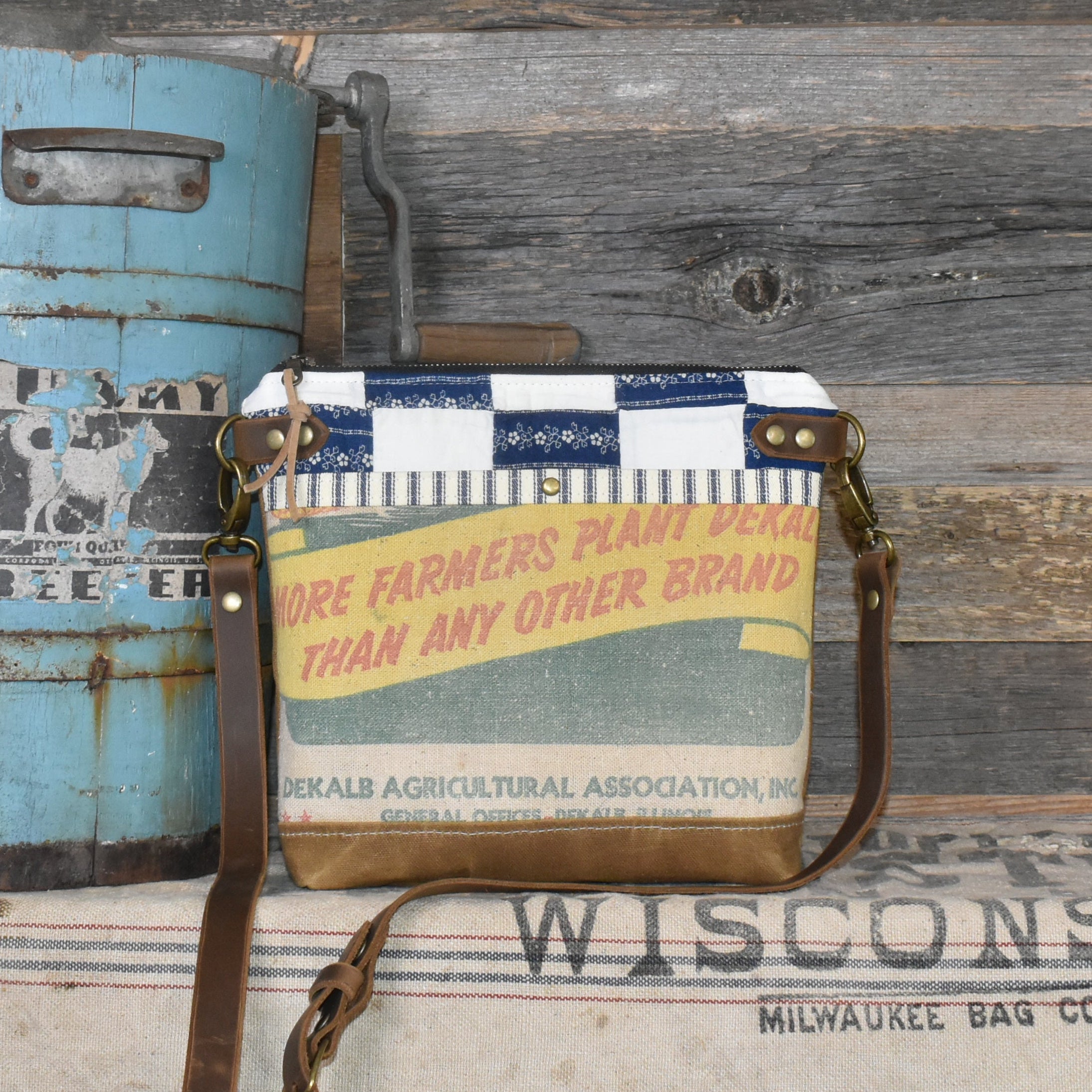 Vintage Quilt + Vintage DeKalb Hybrid Corn Seed Sack Waxed Canvas Purse