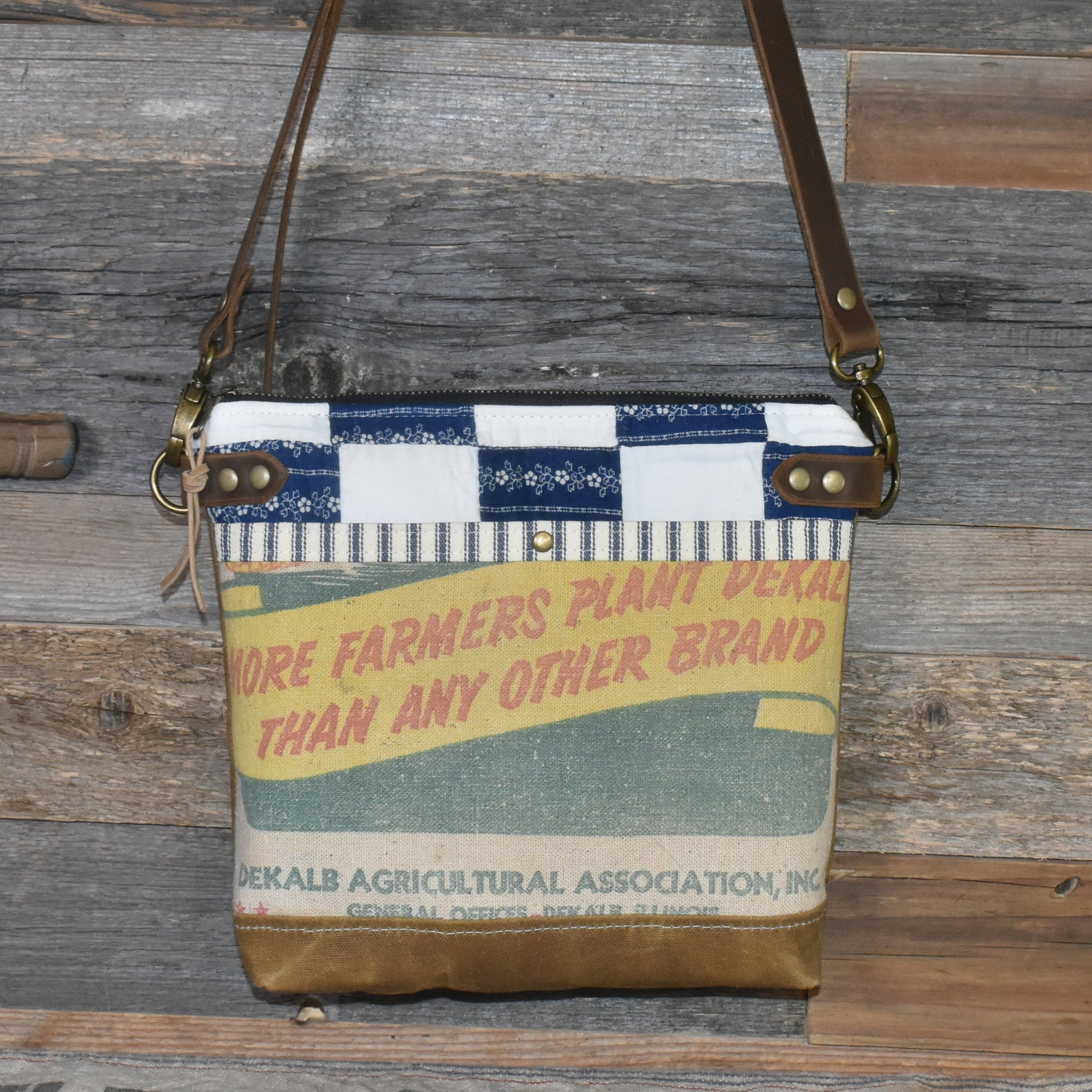 Vintage Quilt + Vintage DeKalb Hybrid Corn Seed Sack Waxed Canvas Purse