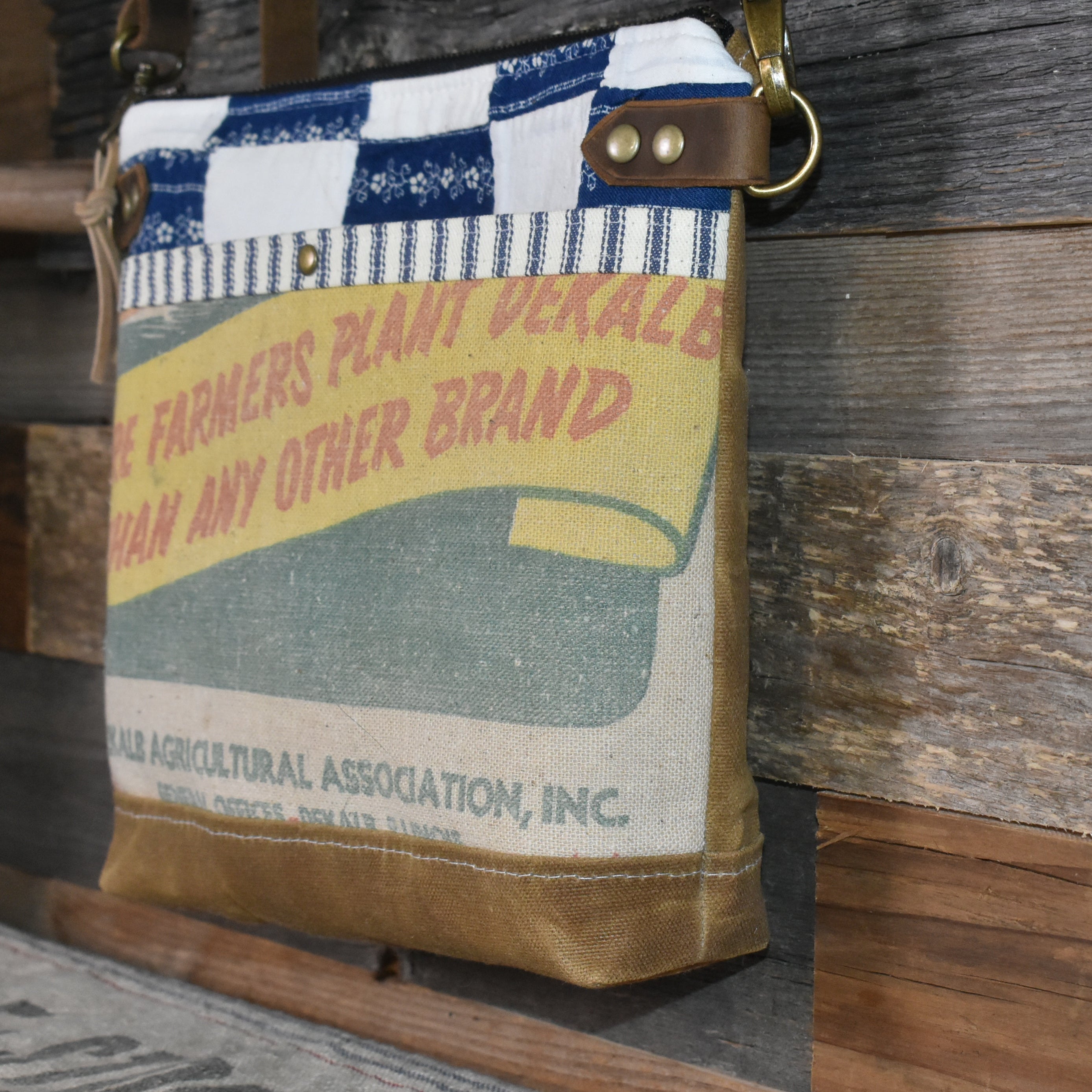 Vintage Quilt + Vintage DeKalb Hybrid Corn Seed Sack Waxed Canvas Purse