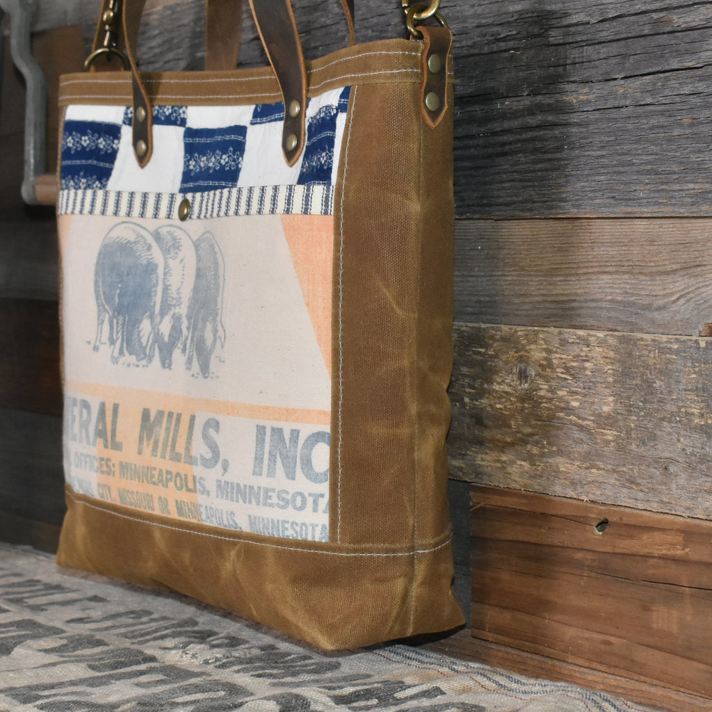 Vintage Quilt + Vintage Gold Medal Feed Sack Waxed Canvas Tote