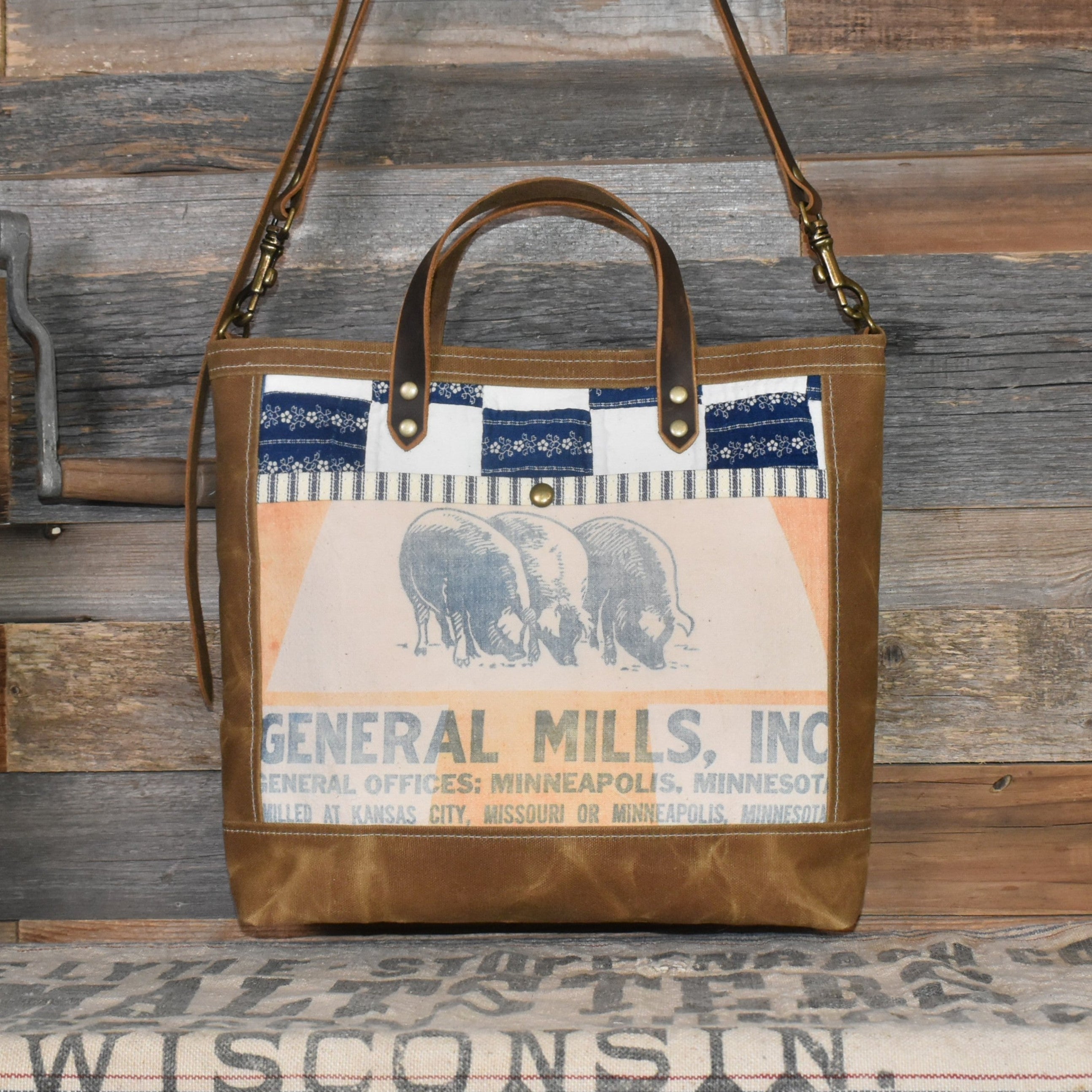 Vintage Quilt + Vintage Gold Medal Feed Sack Waxed Canvas Tote