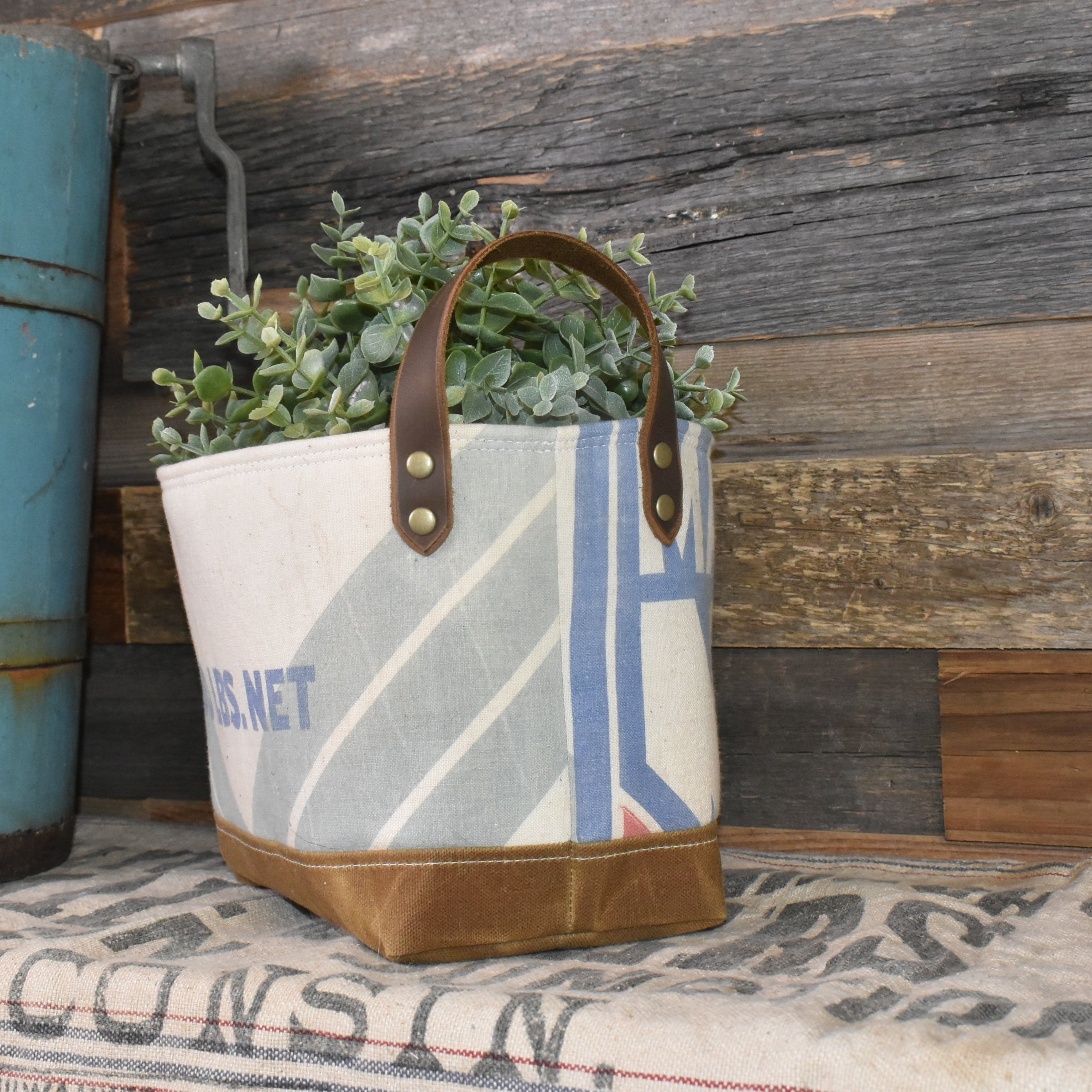 Vintage Master Mix Feed Sack Basket Tote