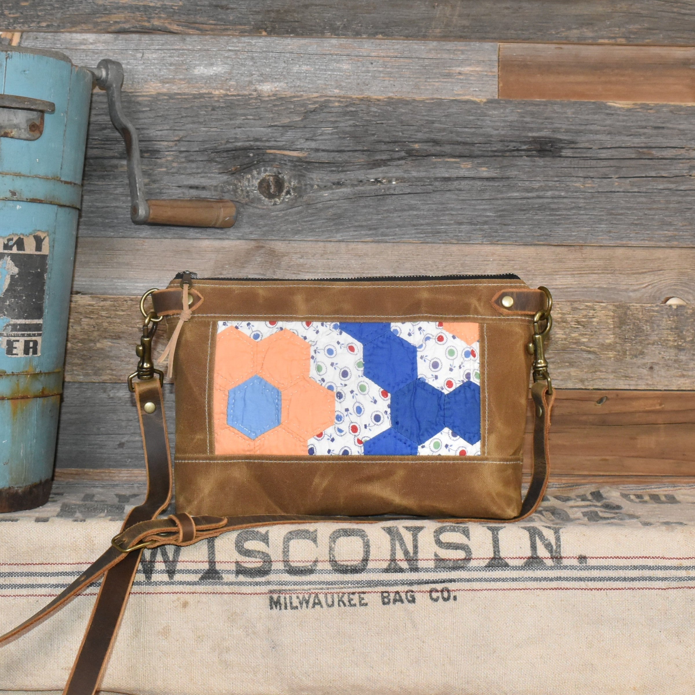 Vintage Grandmother's Flower Garden Quilt + Waxed Canvas Purse