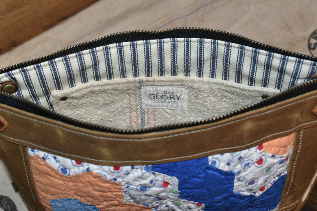 Vintage Grandmother's Flower Garden Quilt + Waxed Canvas Purse