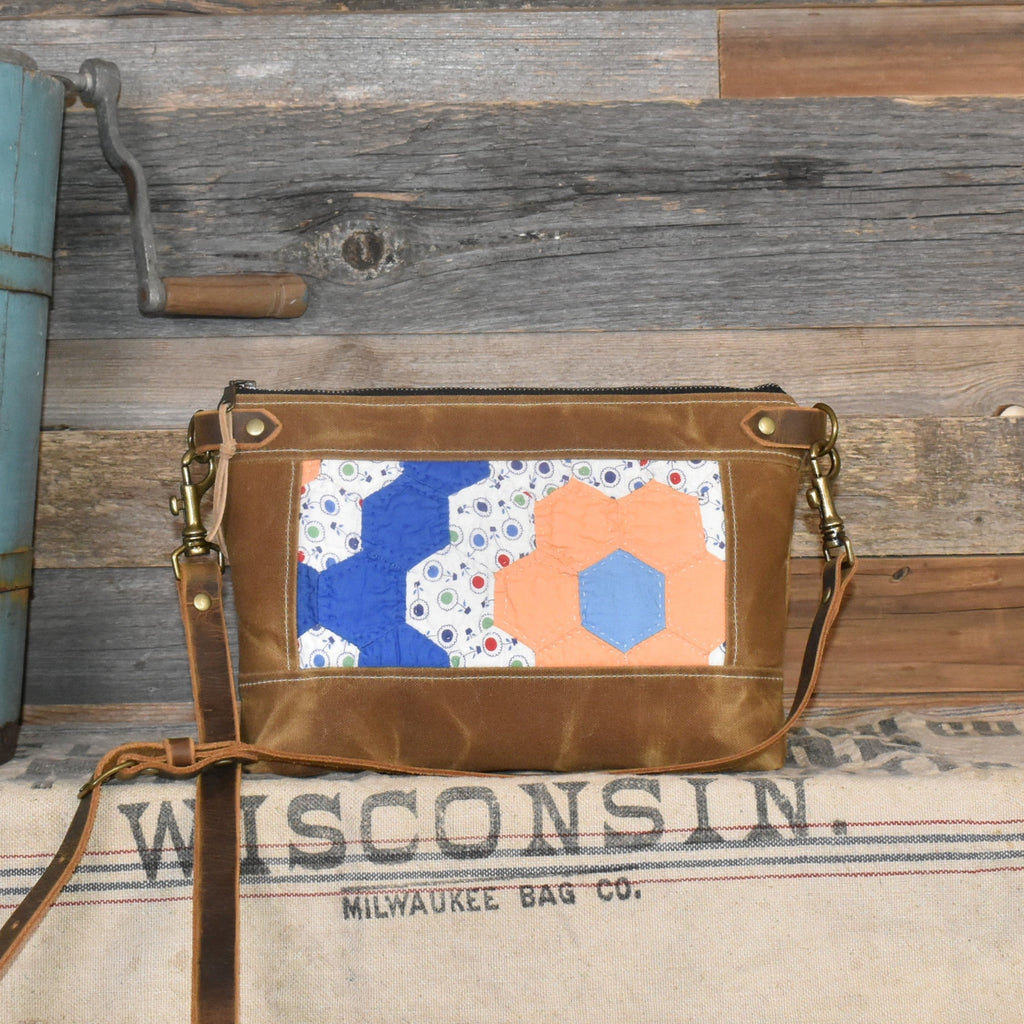 Vintage Grandmother's Flower Garden Quilt + Waxed Canvas Purse