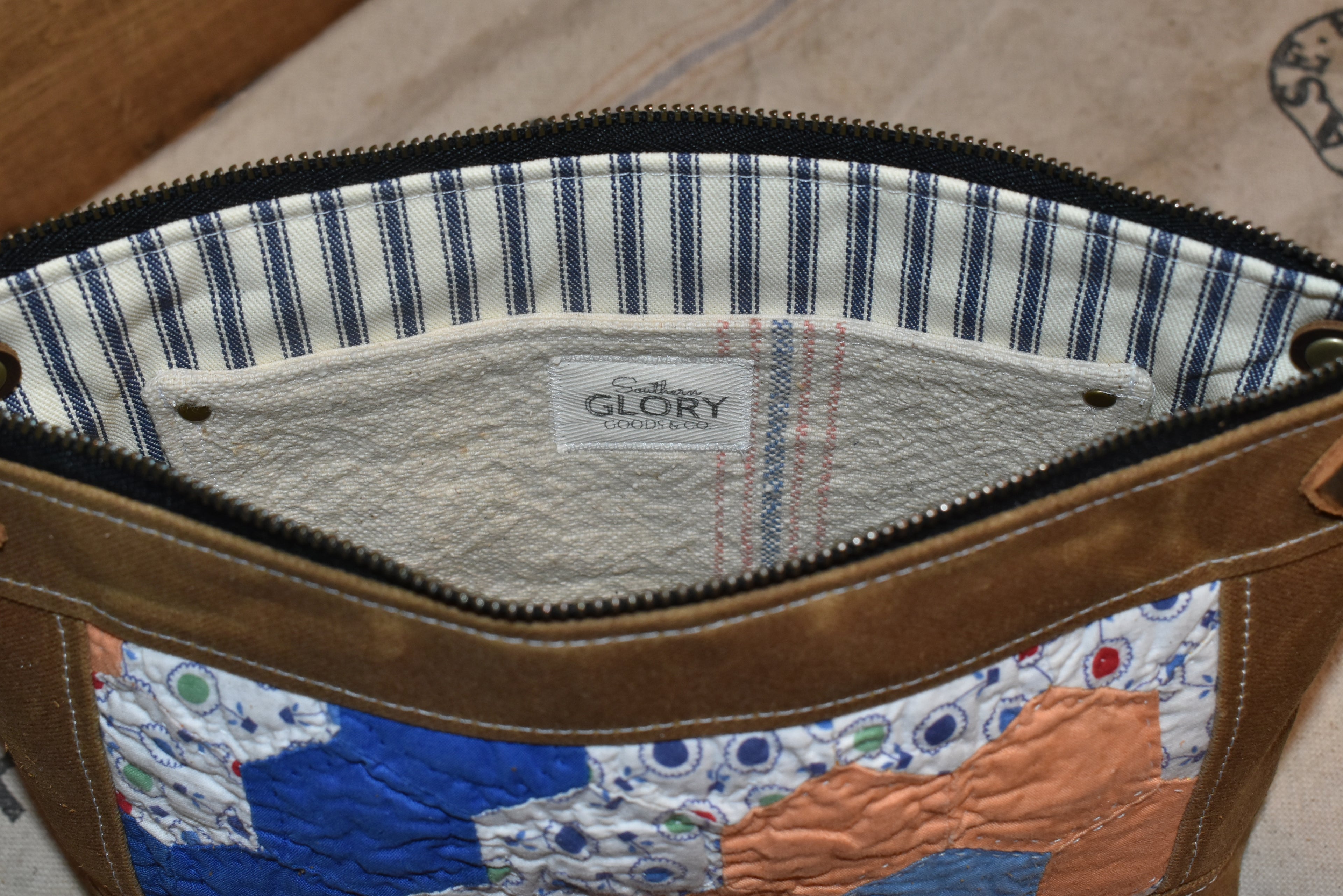 Vintage Grandmother's Flower Garden Quilt + Waxed Canvas Purse