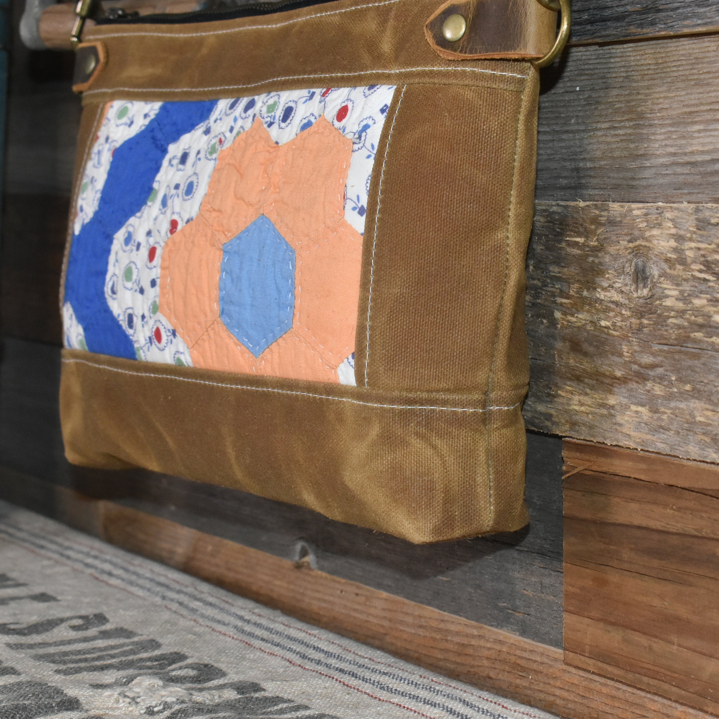 Vintage Grandmother's Flower Garden Quilt + Waxed Canvas Purse