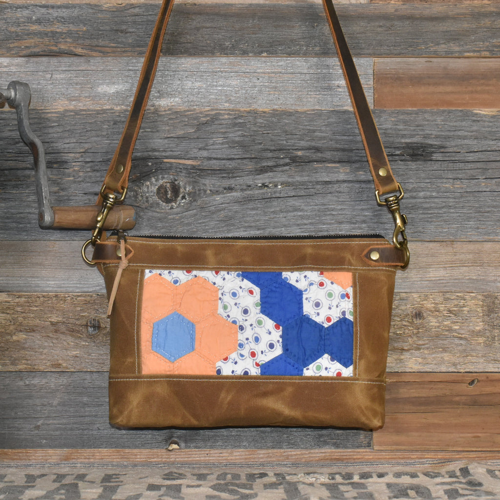 Vintage Grandmother's Flower Garden Quilt + Waxed Canvas Purse