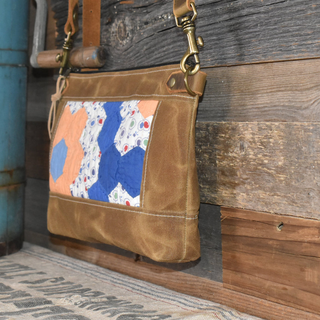 Vintage Grandmother's Flower Garden Quilt + Waxed Canvas Purse
