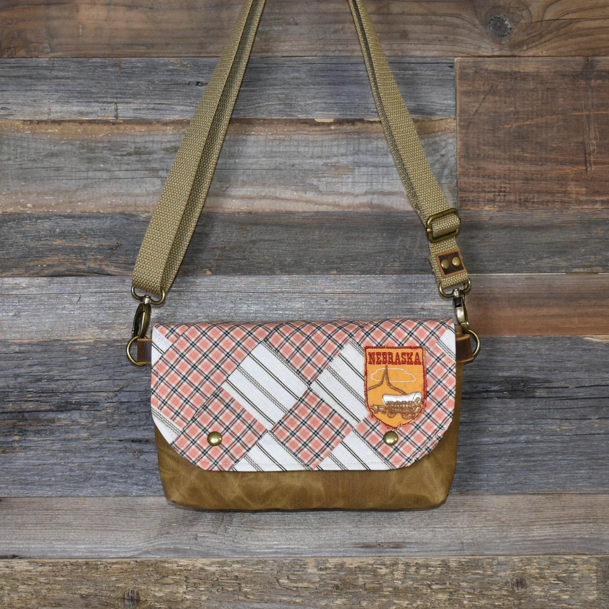 Antique Quilt + Vintage Nebraska Patch + Waxed Canvas Sling Bag