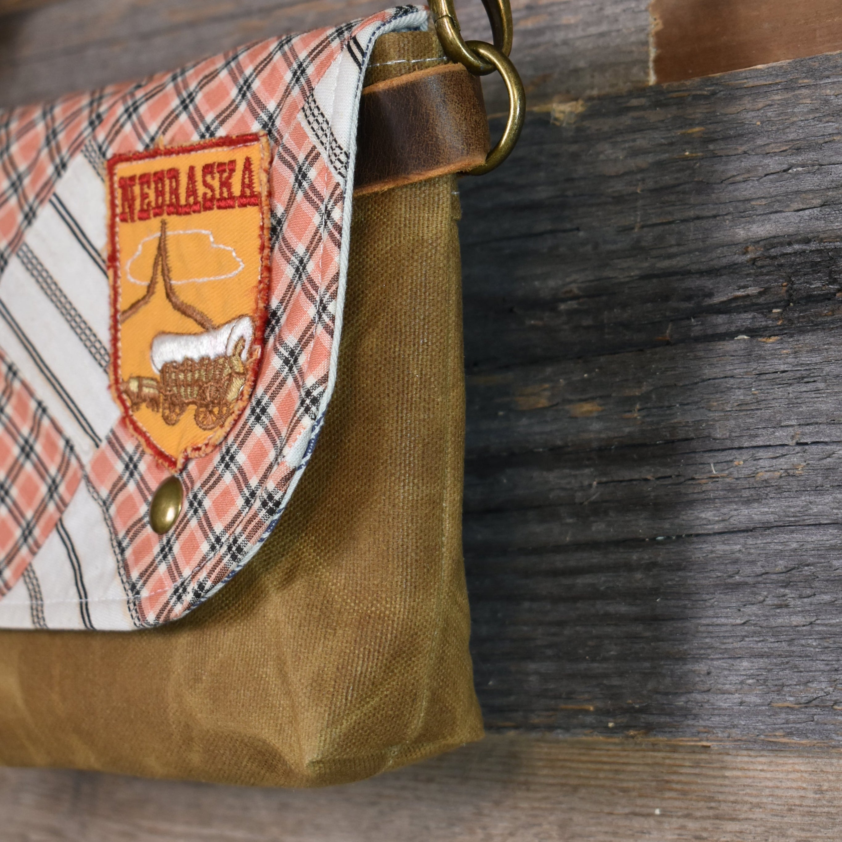 Antique Quilt + Vintage Nebraska Patch + Waxed Canvas Sling Bag