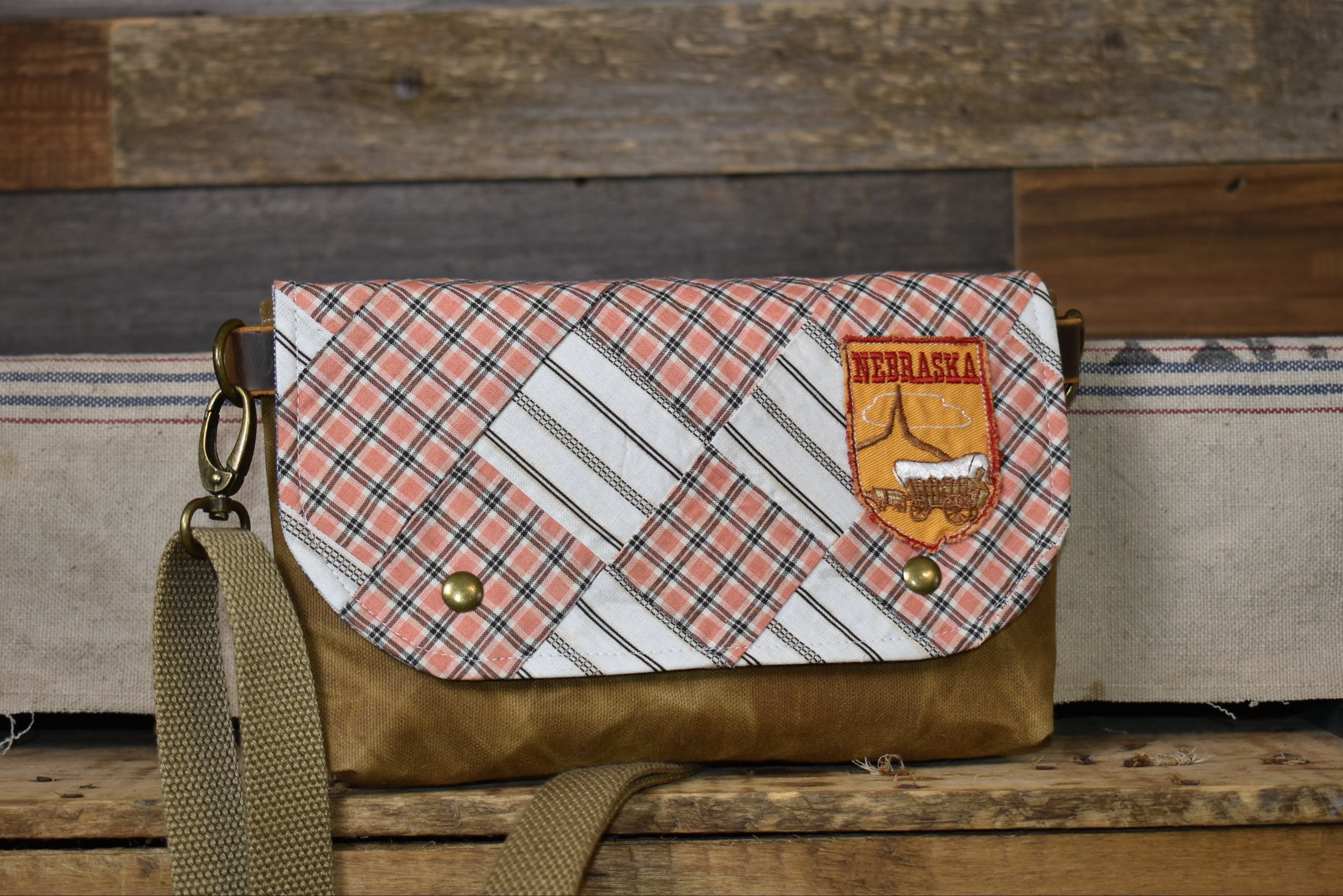 Antique Quilt + Vintage Nebraska Patch + Waxed Canvas Sling Bag