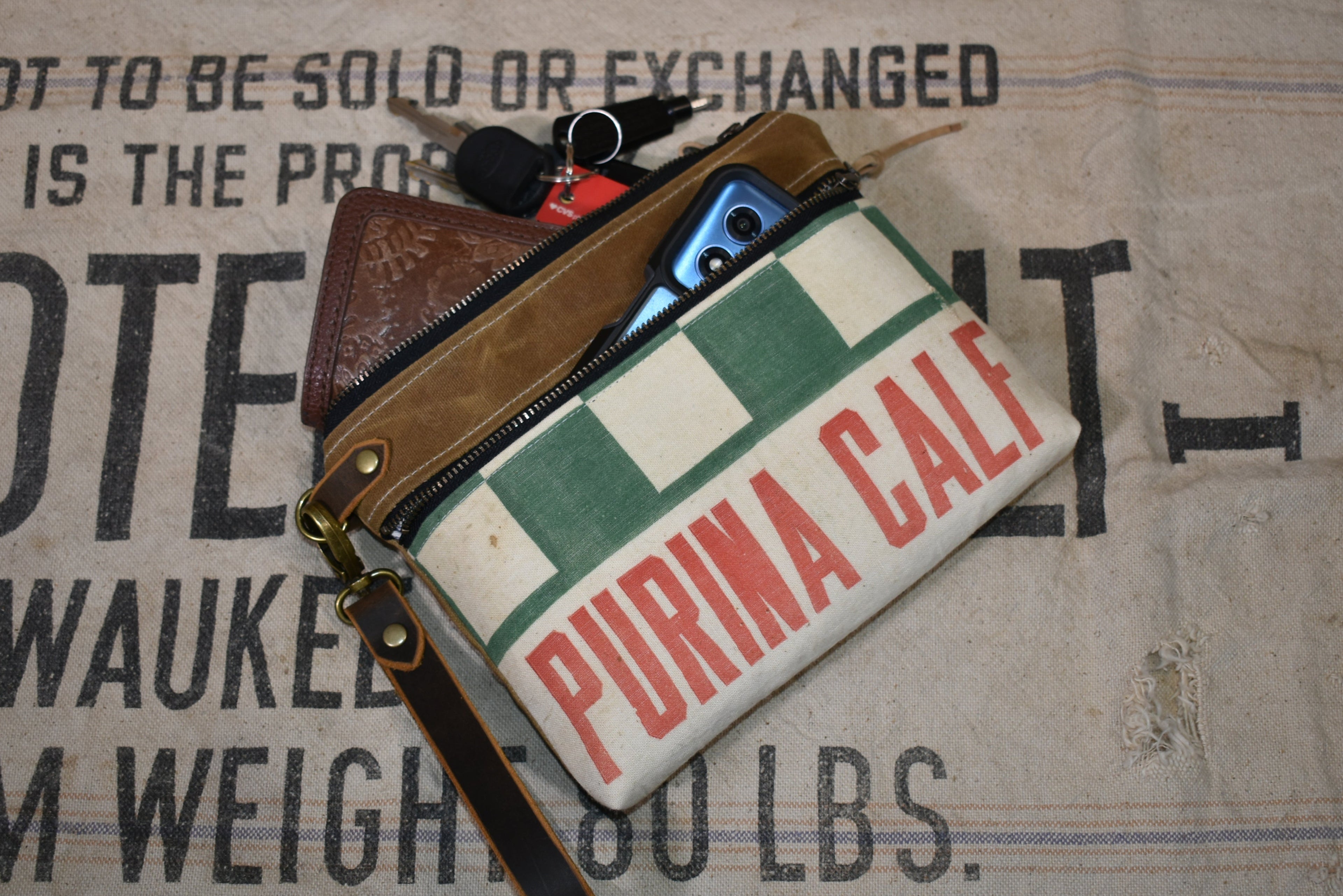 Vintage Purina Calf Feed Sack Wristlet Clutch