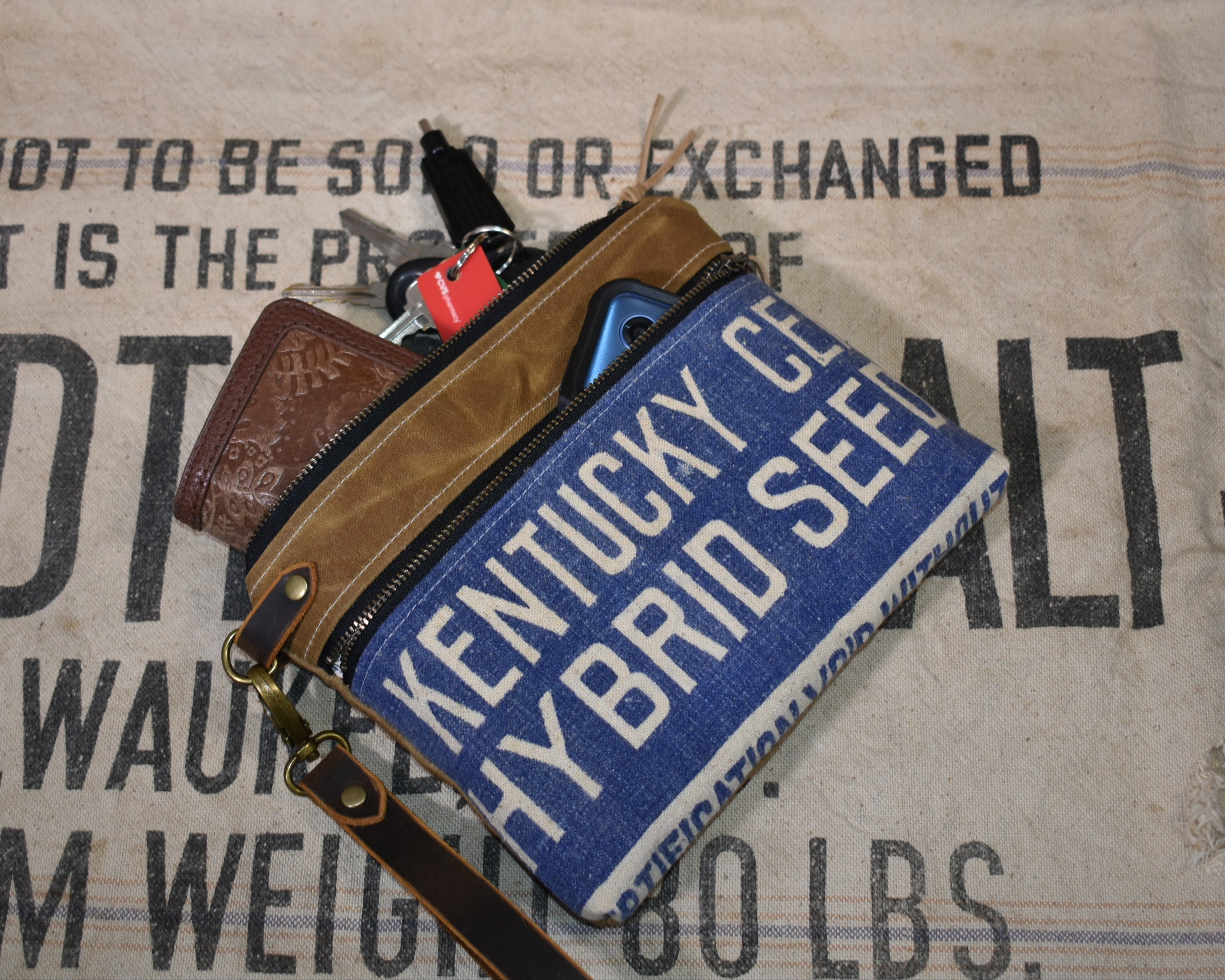 Vintage Berea Hybrid Corn Seed Sack Wristlet Clutch