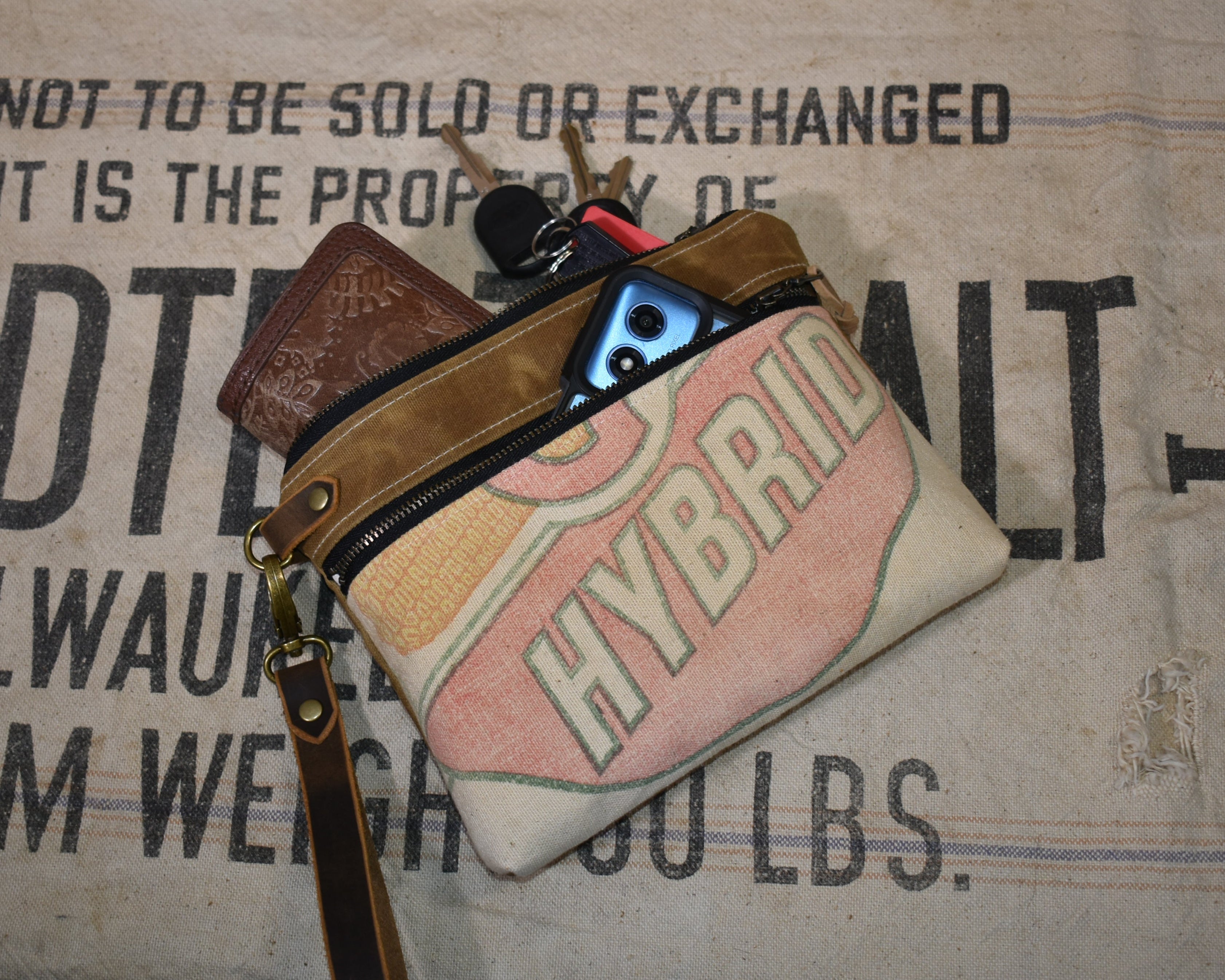 Vintage Funk's G Hybrid Corn Seed Sack Wristlet Clutch