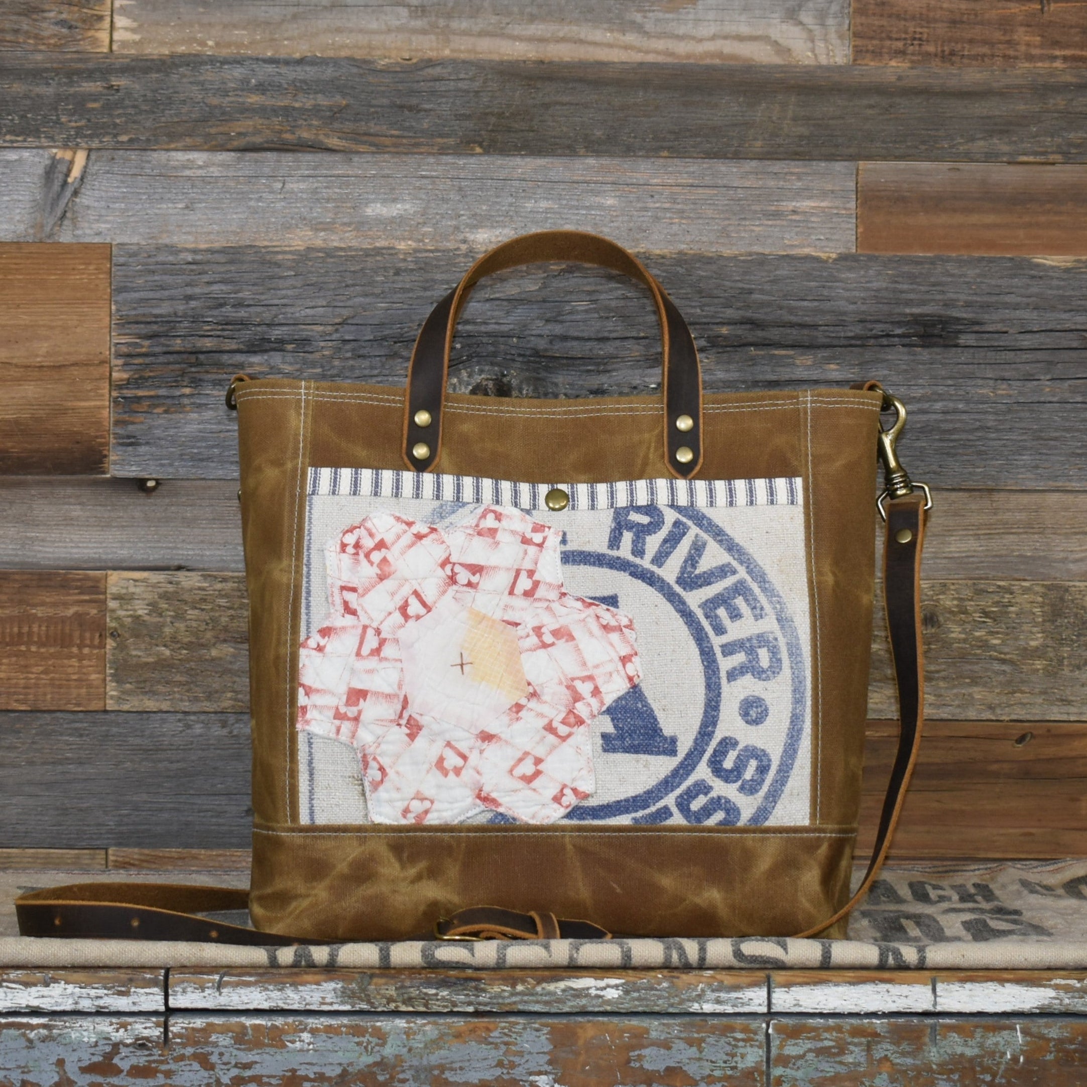 Antique Royal River Seamless Grain Sack + Grandmother's Flower Garden Quilt + Waxed Canvas Tote