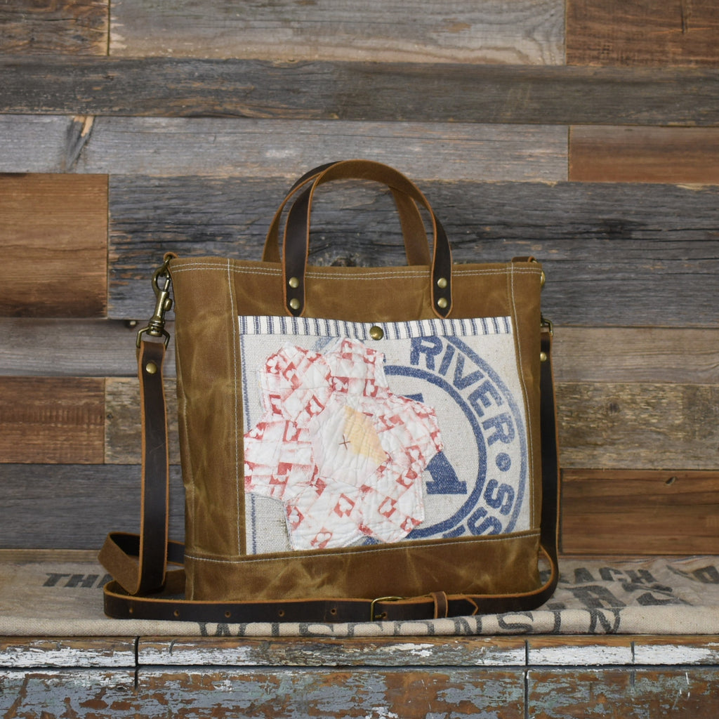 Antique Royal River Seamless Grain Sack + Grandmother's Flower Garden Quilt + Waxed Canvas Tote