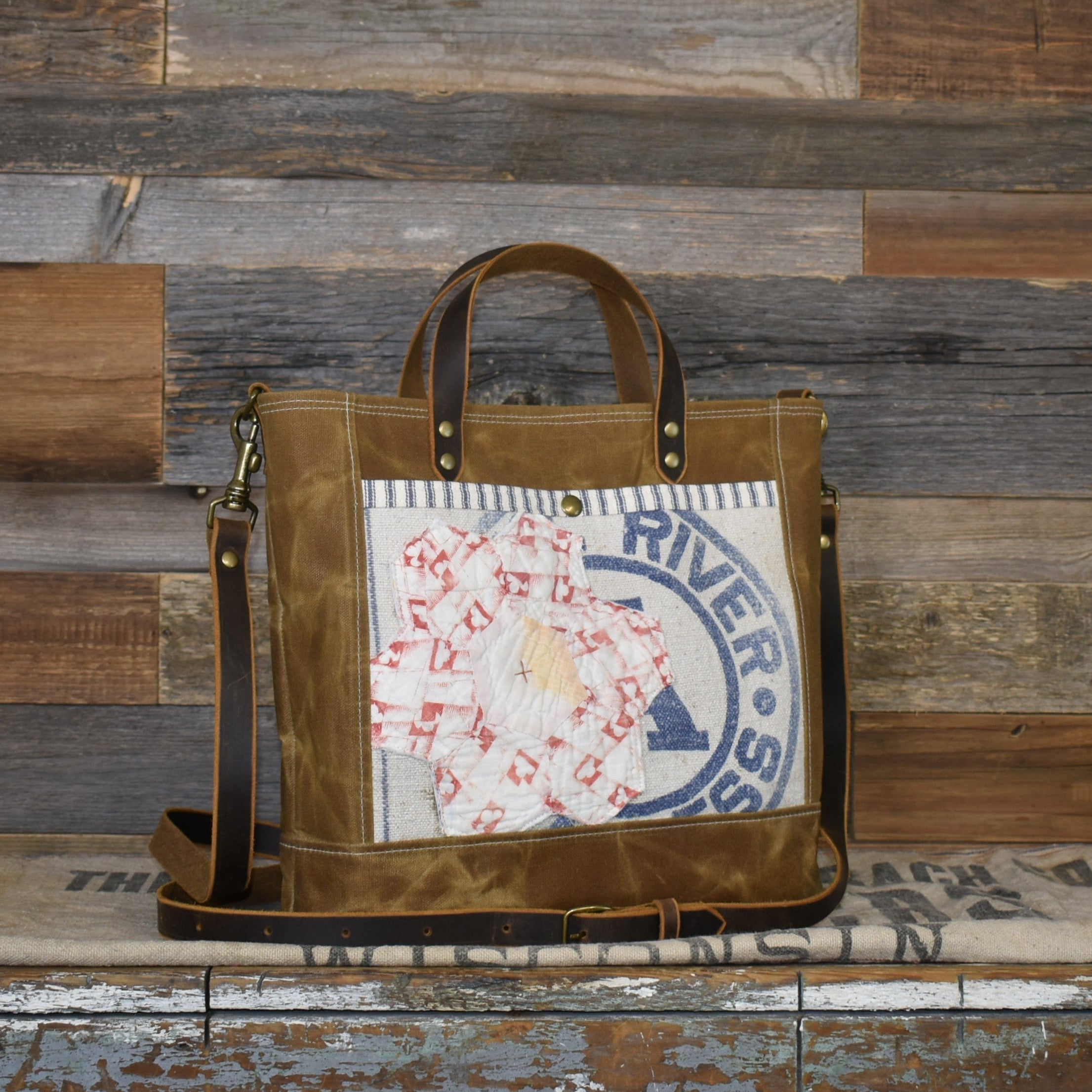 Antique Royal River Seamless Grain Sack + Grandmother's Flower Garden Quilt + Waxed Canvas Tote