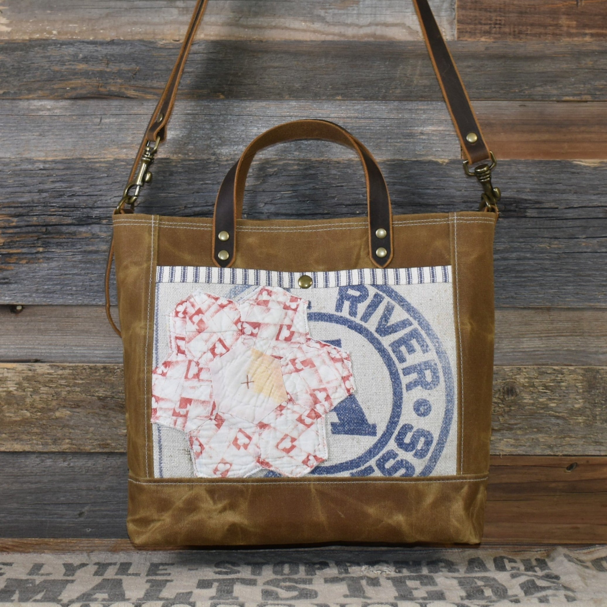 Antique Royal River Seamless Grain Sack + Grandmother's Flower Garden Quilt + Waxed Canvas Tote