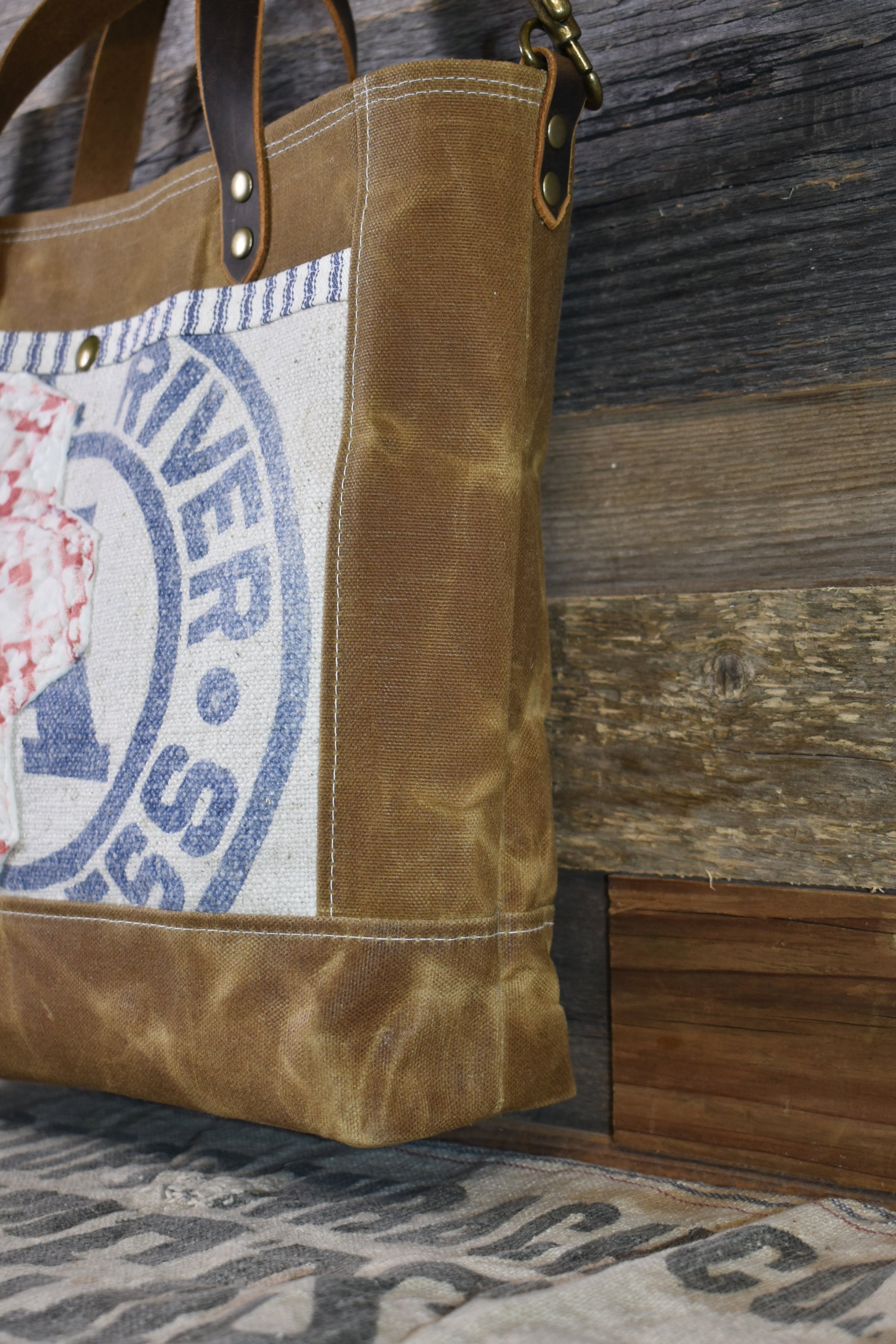 Antique Royal River Seamless Grain Sack + Grandmother's Flower Garden Quilt + Waxed Canvas Tote