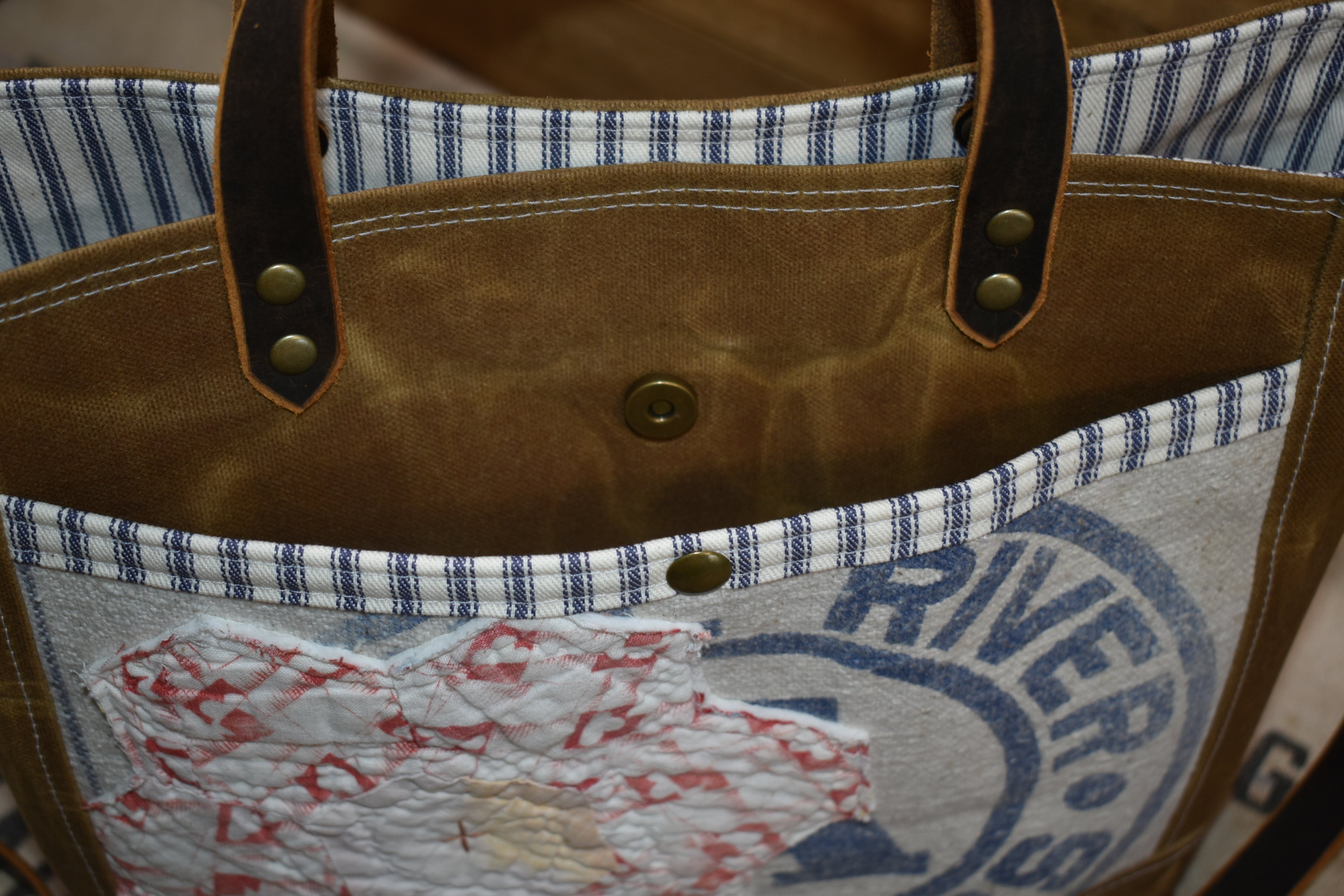 Antique Royal River Seamless Grain Sack + Grandmother's Flower Garden Quilt + Waxed Canvas Tote