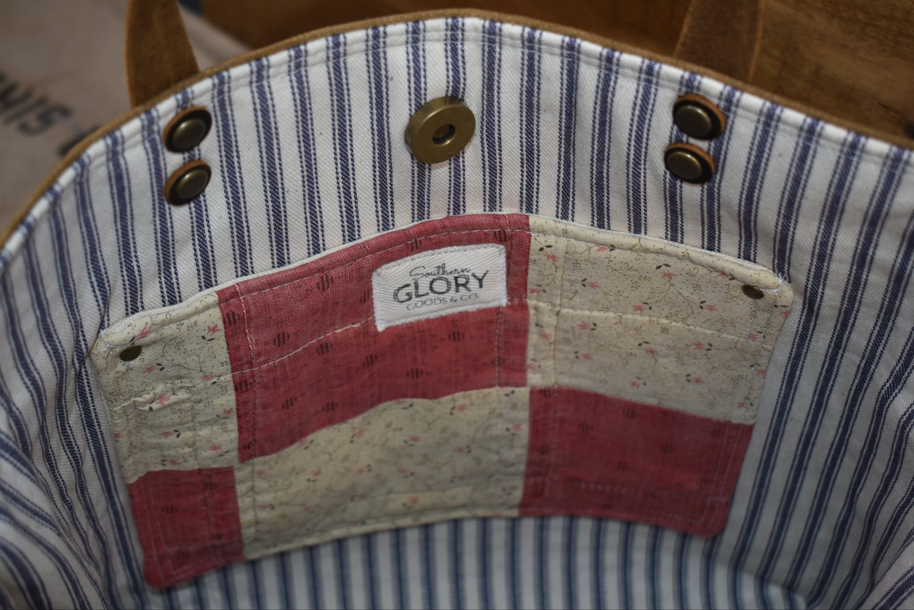Antique Royal River Seamless Grain Sack + Grandmother's Flower Garden Quilt + Waxed Canvas Tote