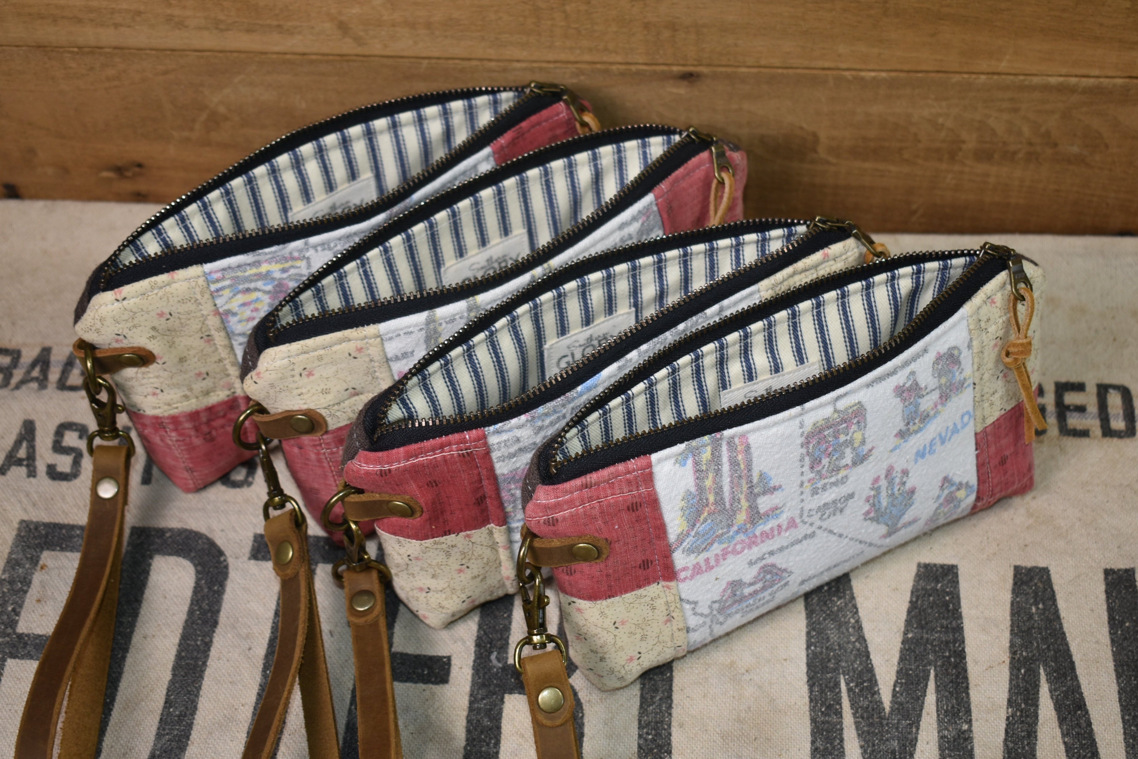 Vintage Western States Souvenir Map Tablecloth + Antique Quilt Wristlet Clutch