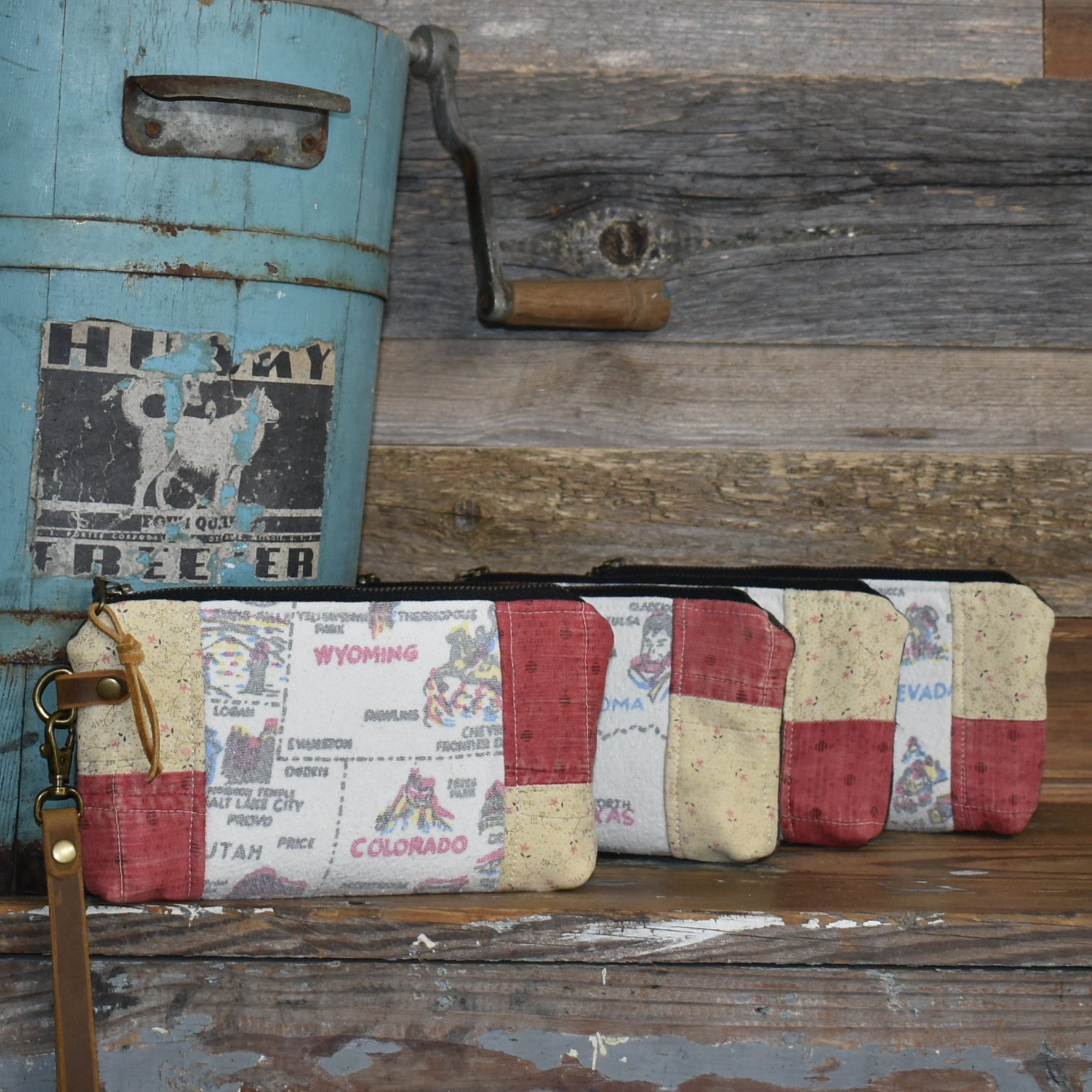 Vintage Western States Souvenir Map Tablecloth + Antique Quilt Wristlet Clutch