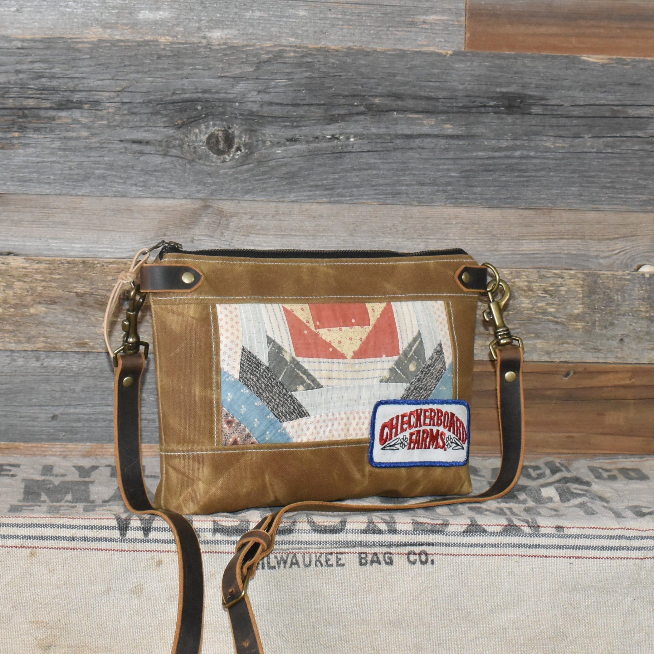 Antique Civil War Era Quilt + Vintage Checkerboard Farms Patch + Waxed Canvas Purse