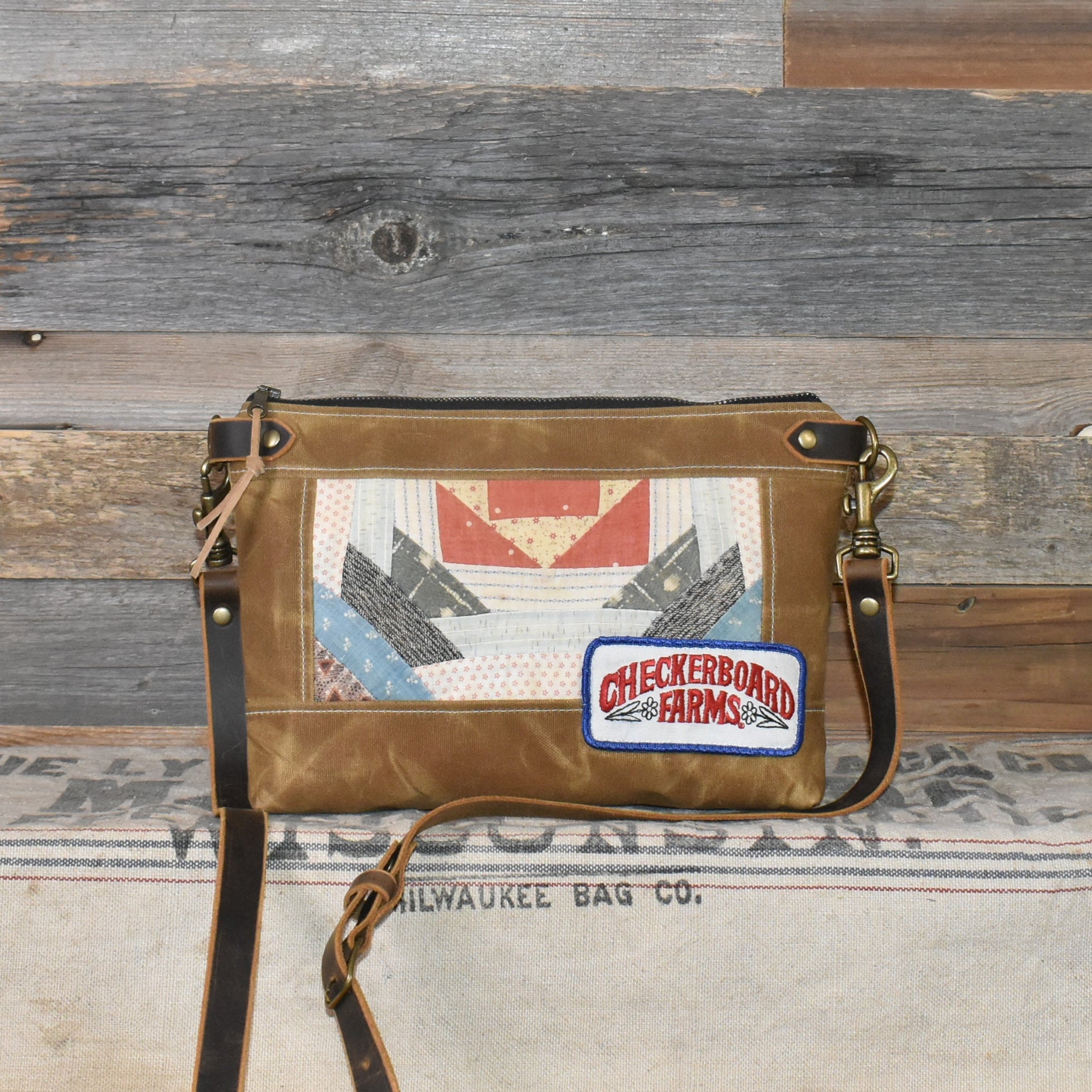 Antique Civil War Era Quilt + Vintage Checkerboard Farms Patch + Waxed Canvas Purse