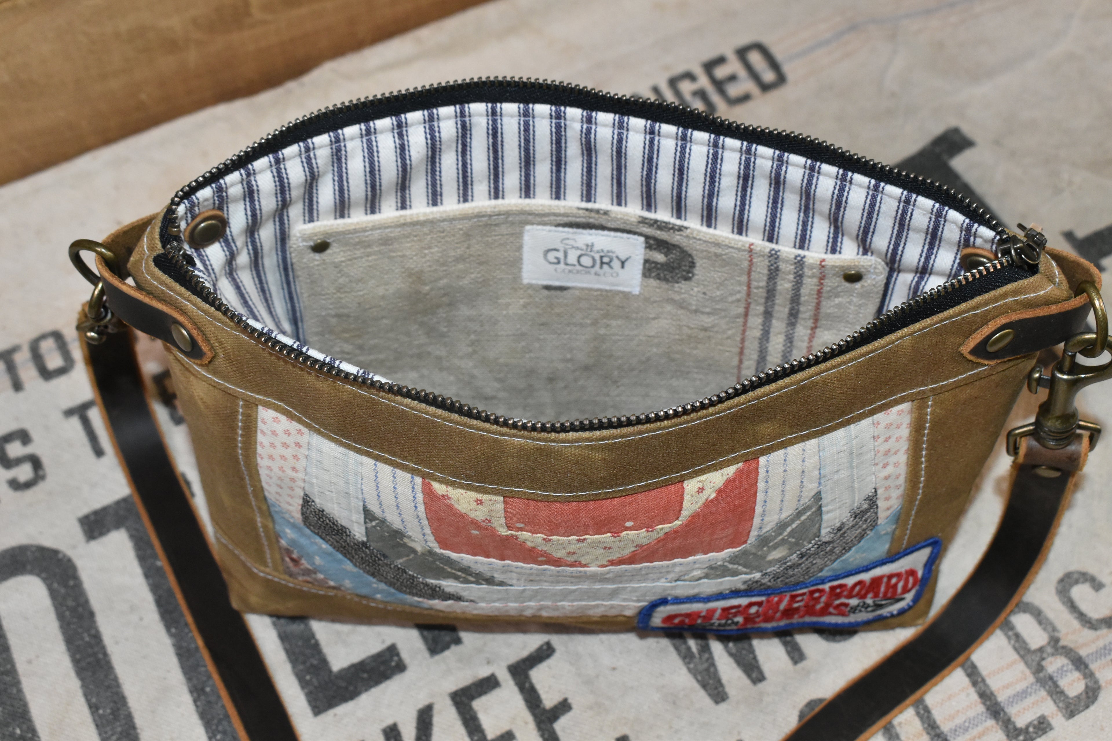 Antique Civil War Era Quilt + Vintage Checkerboard Farms Patch + Waxed Canvas Purse