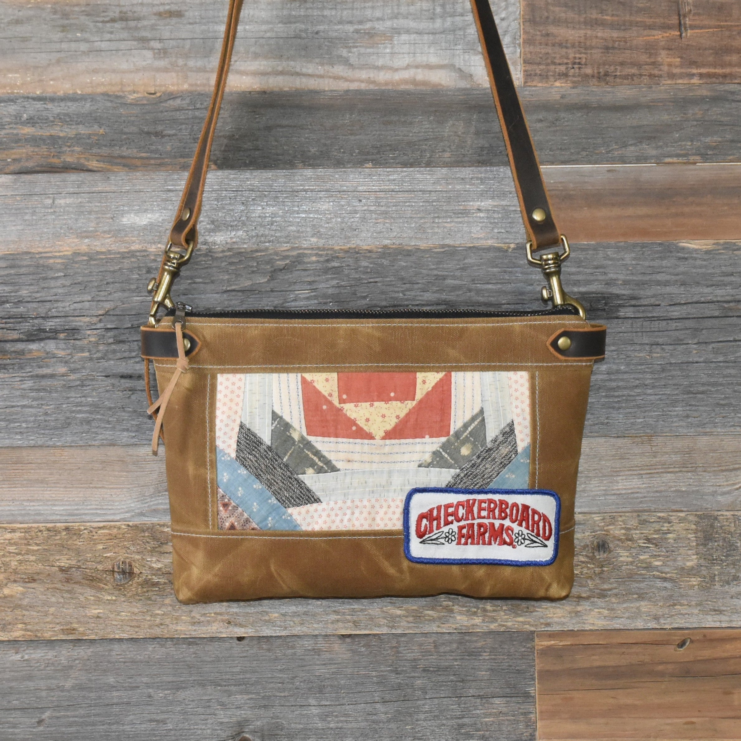 Antique Civil War Era Quilt + Vintage Checkerboard Farms Patch + Waxed Canvas Purse