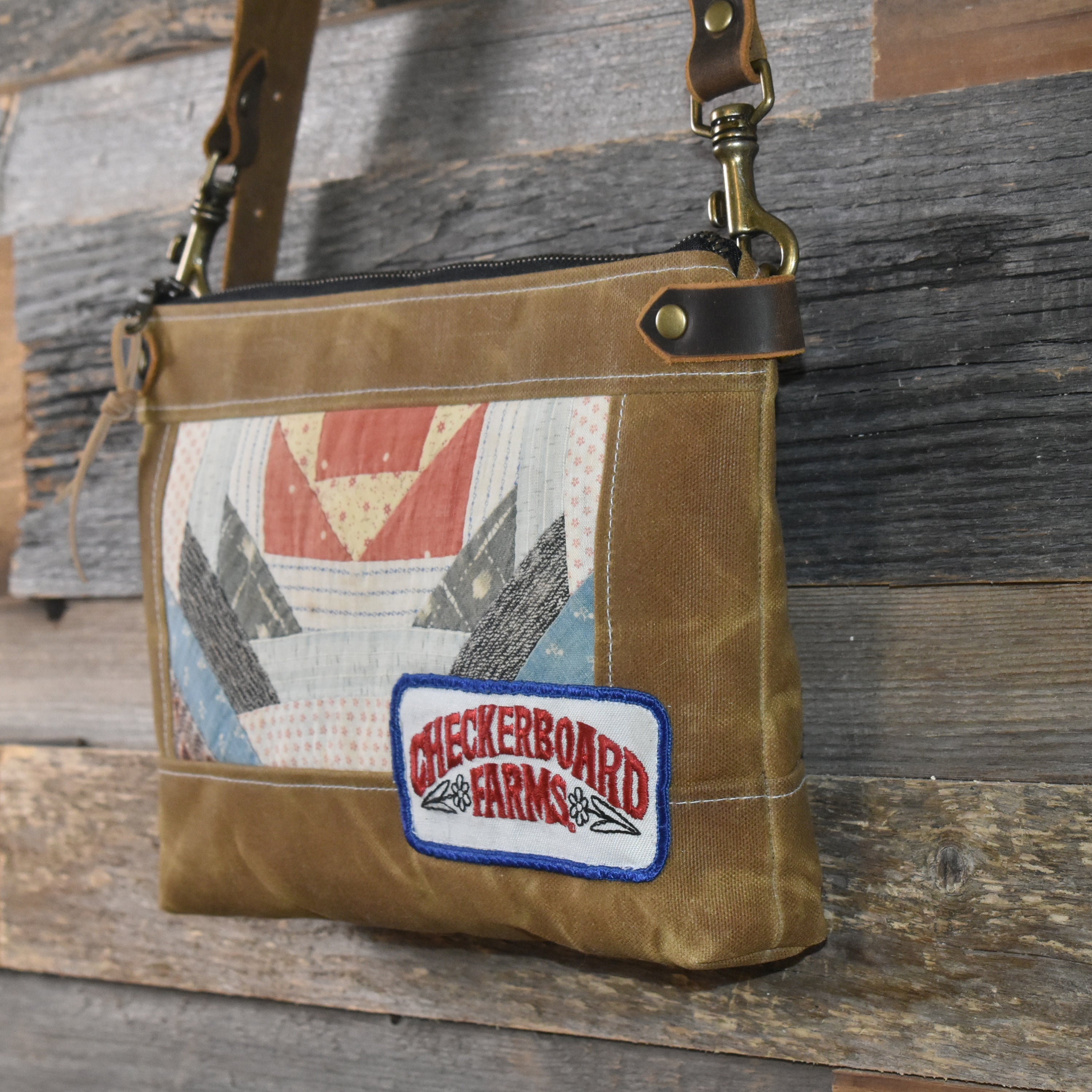 Antique Civil War Era Quilt + Vintage Checkerboard Farms Patch + Waxed Canvas Purse