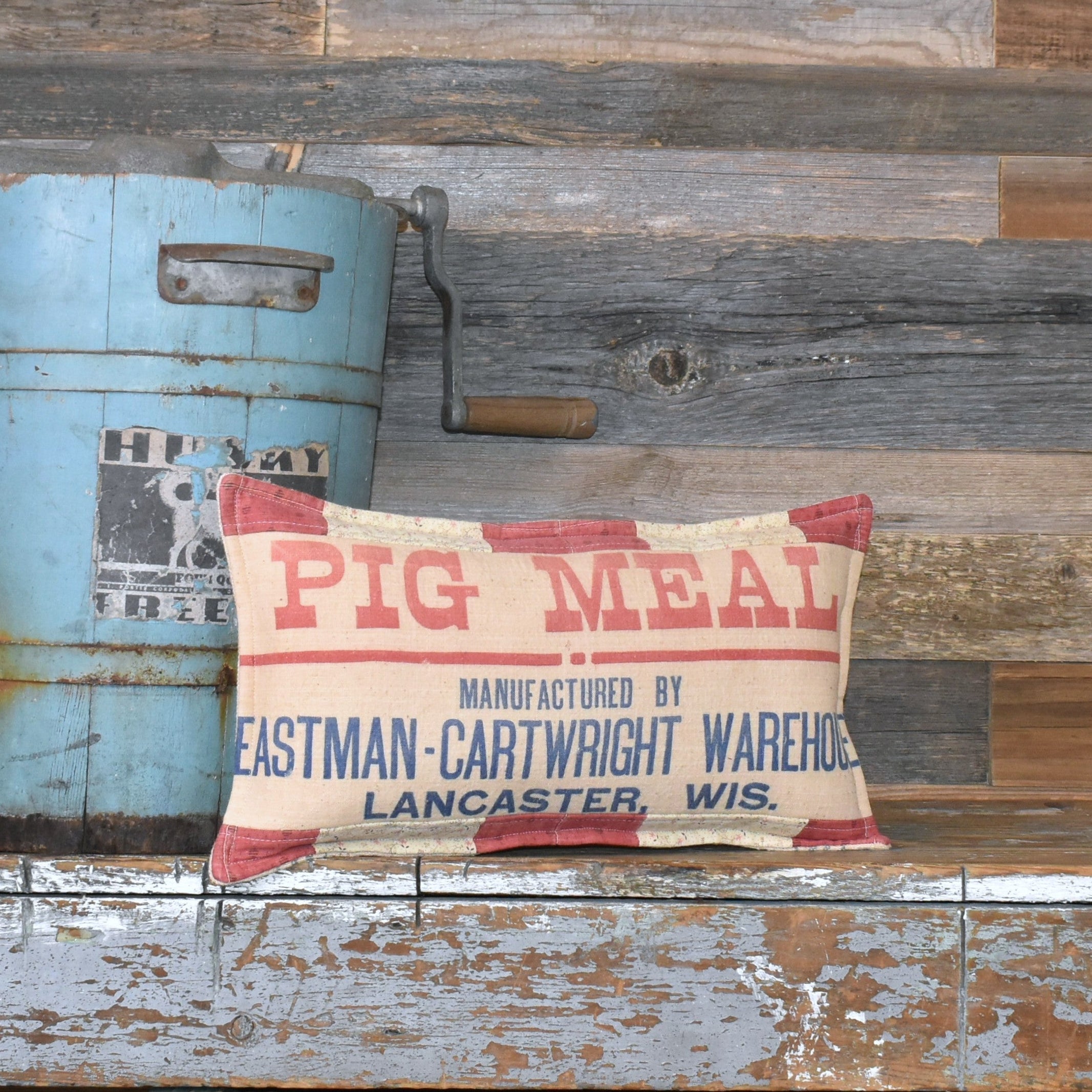 Vintage Blue Banner Pig Meal Feed Sack + Antique Quilt Pillow