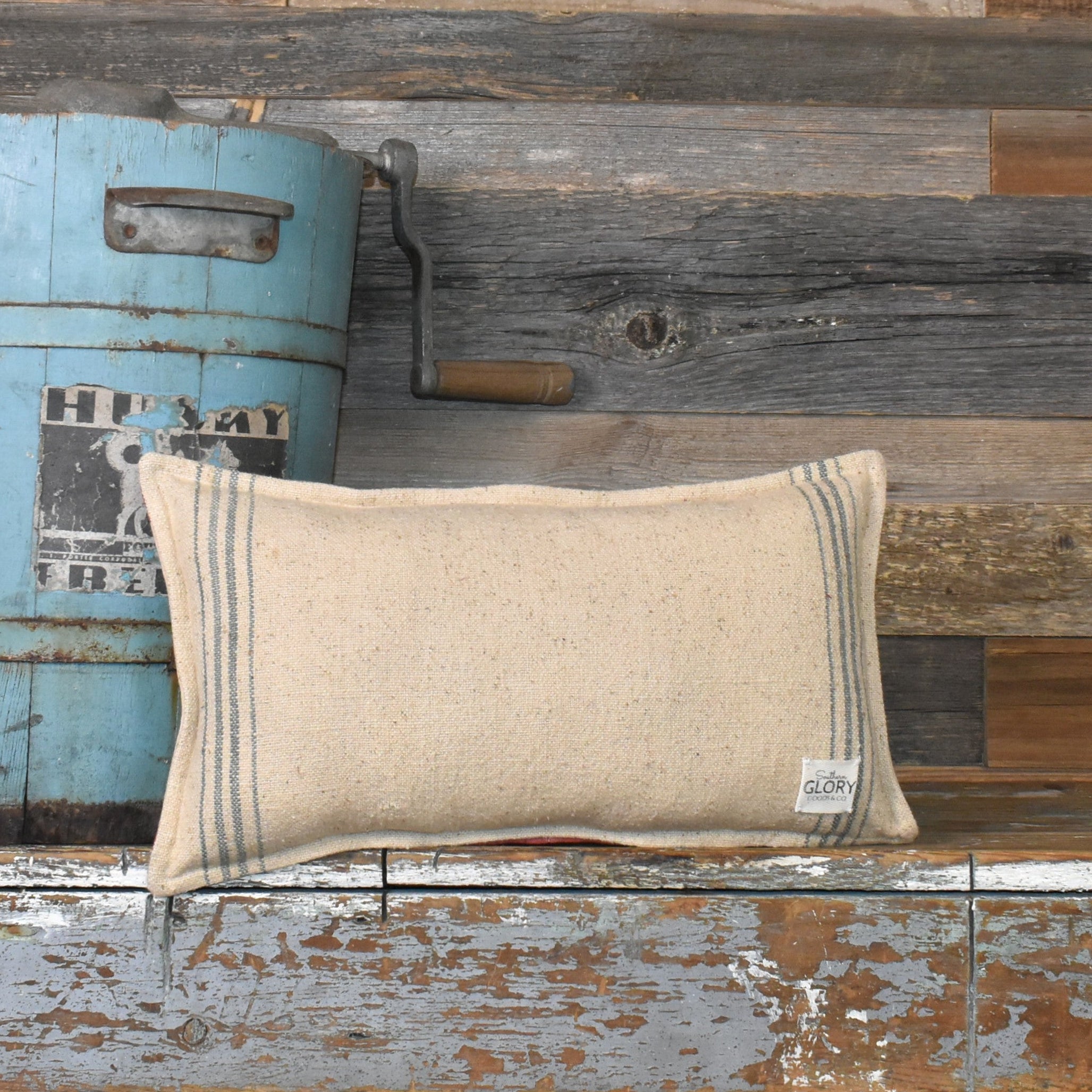 Vintage Blue Banner Pig Meal Feed Sack + Antique Quilt Pillow