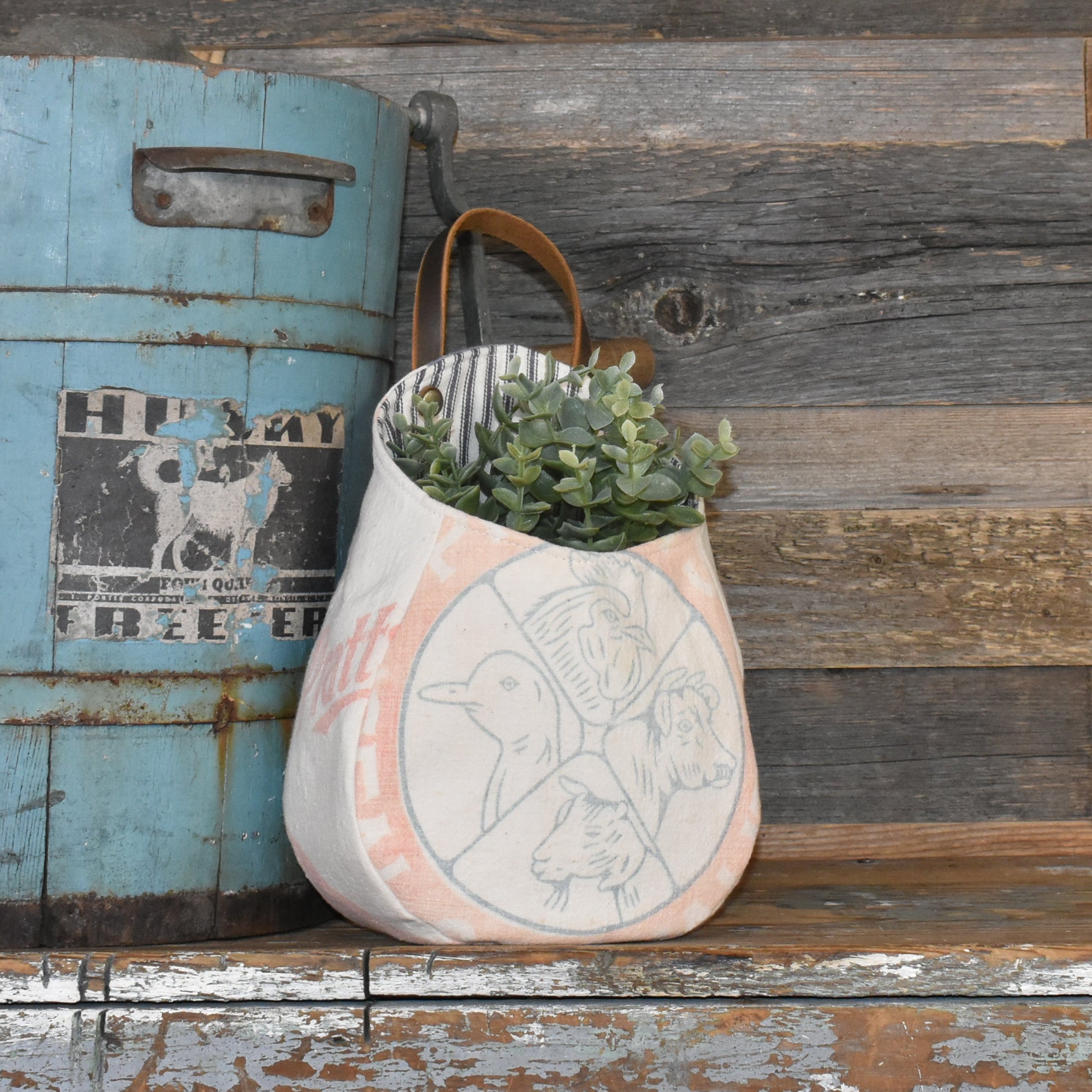 Vintage Pratt's Feed Sack Wall Pocket Basket