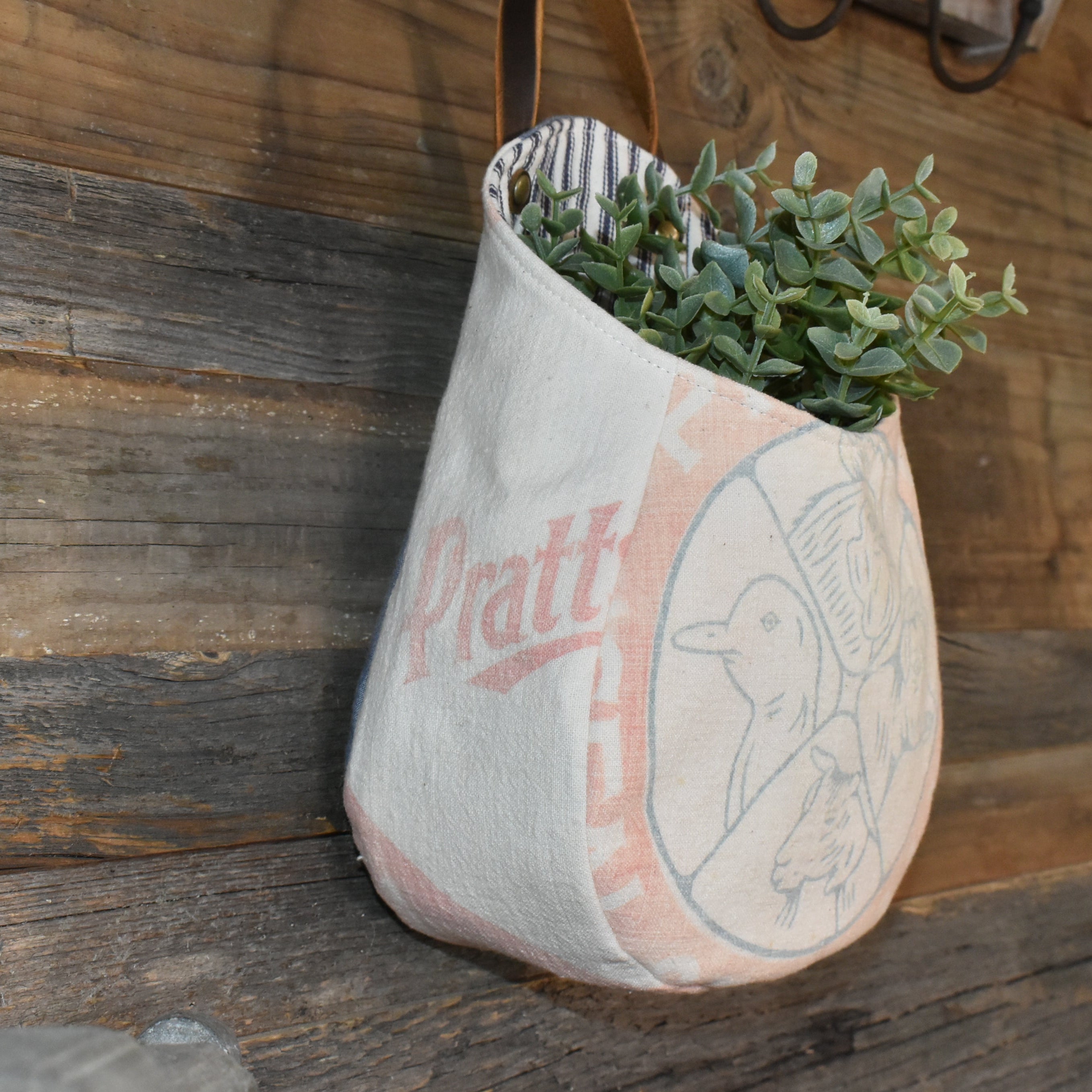 Vintage Pratt's Feed Sack Wall Pocket Basket