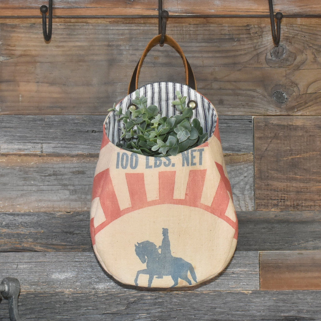 Vintage Wayne Feed Sack Wall Pocket Basket