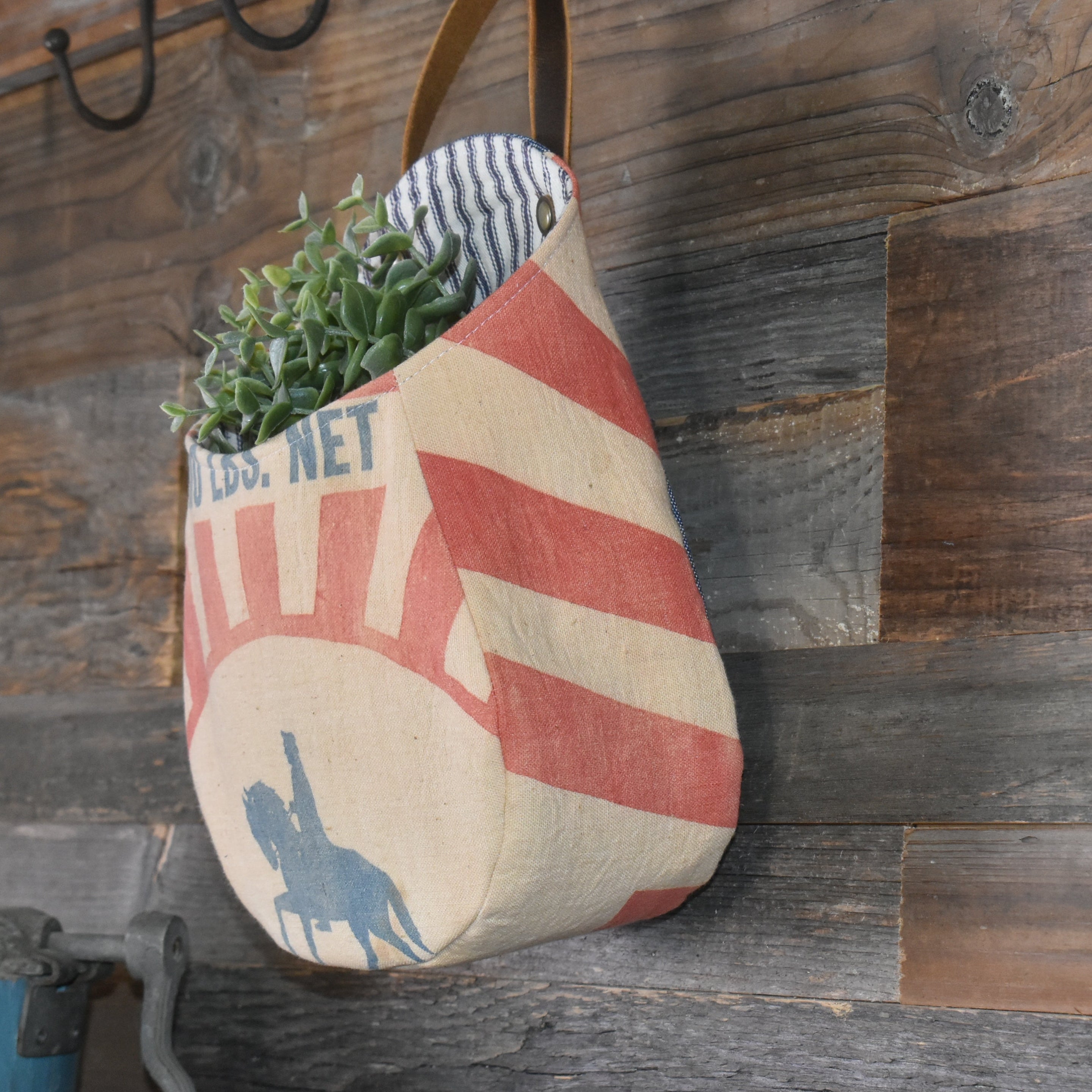 Vintage Wayne Feed Sack Wall Pocket Basket