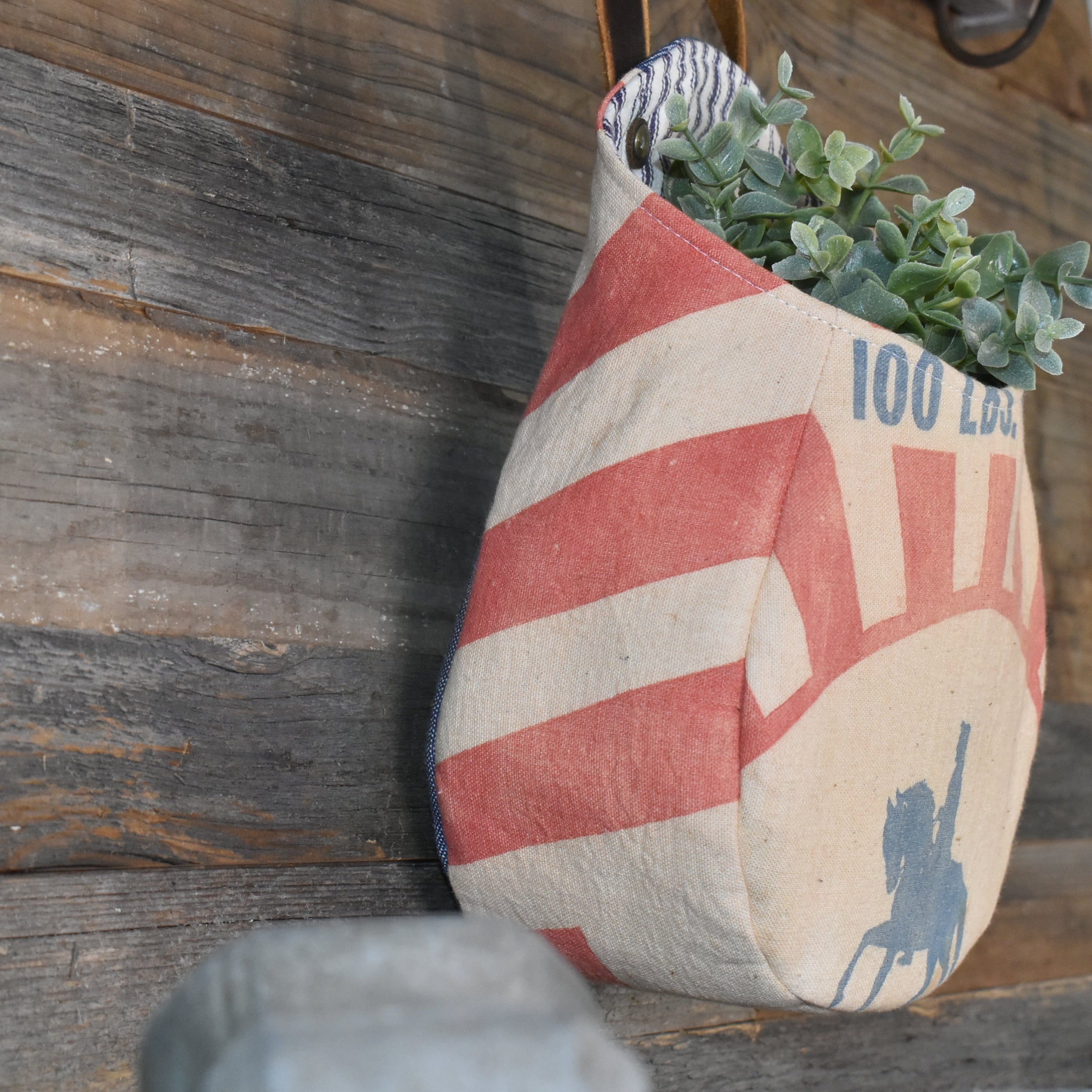 Vintage Wayne Feed Sack Wall Pocket Basket