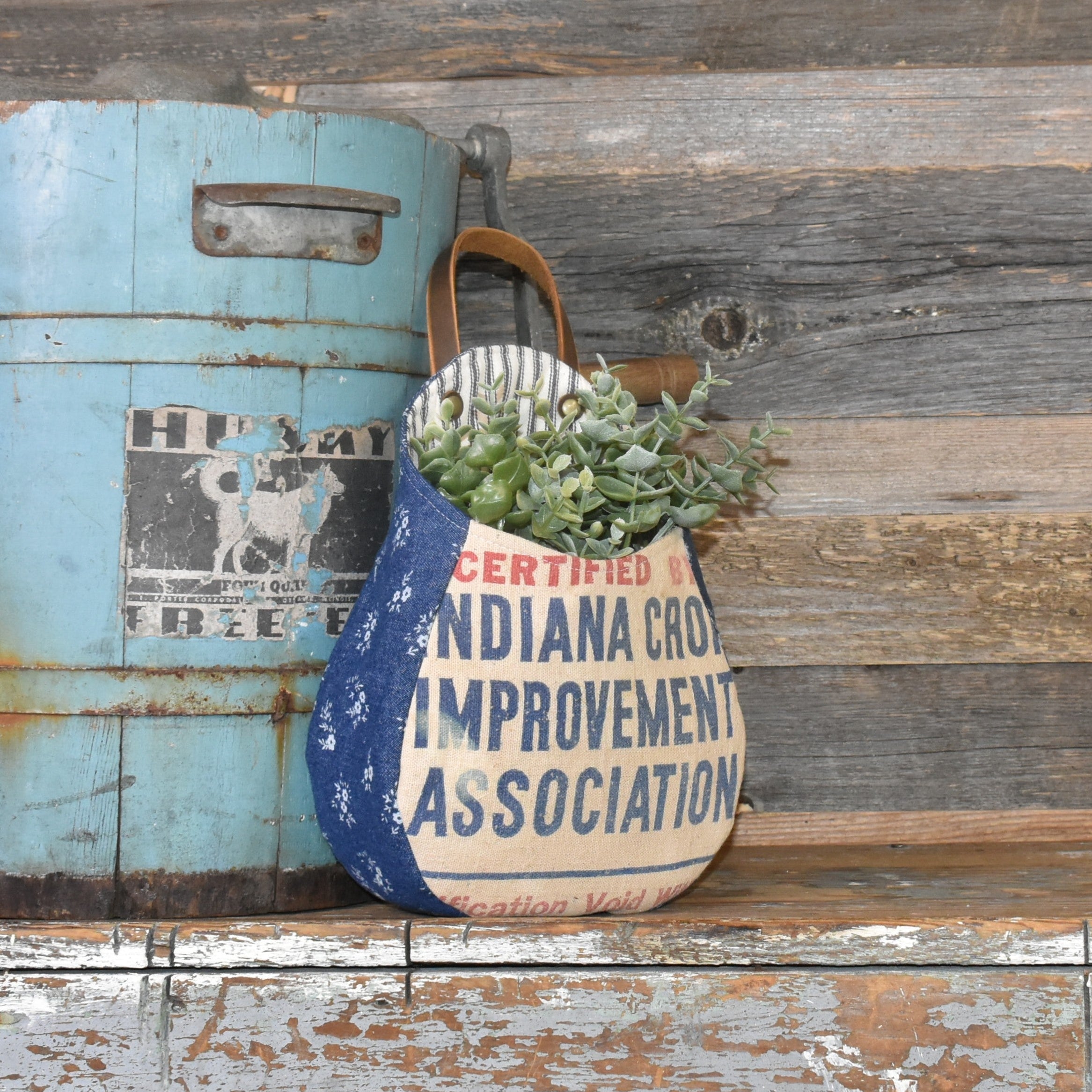 Vintage Indiana Seed Sack Wall Pocket Basket