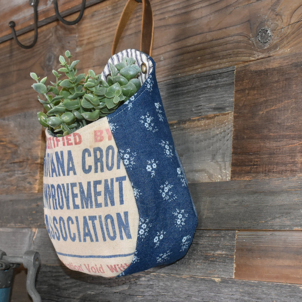 Vintage Indiana Seed Sack Wall Pocket Basket