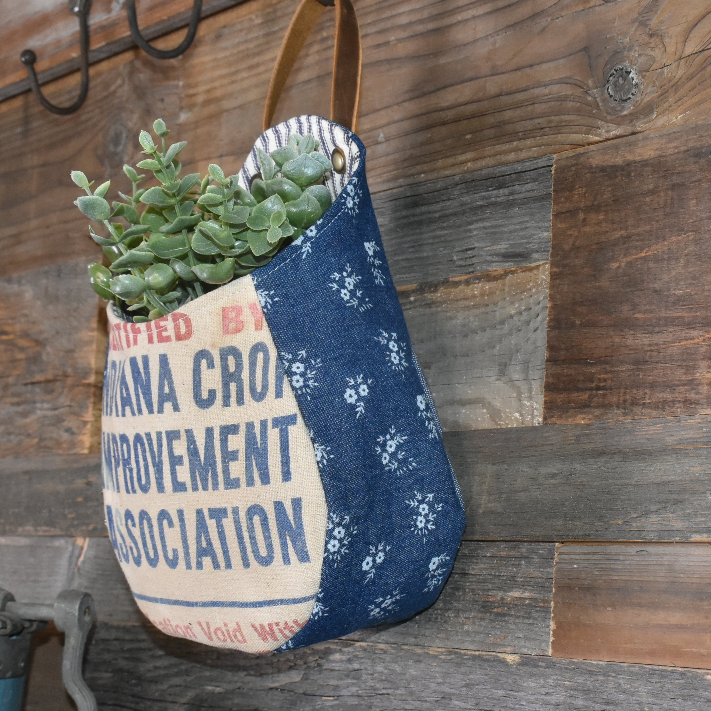 Vintage Indiana Seed Sack Wall Pocket Basket