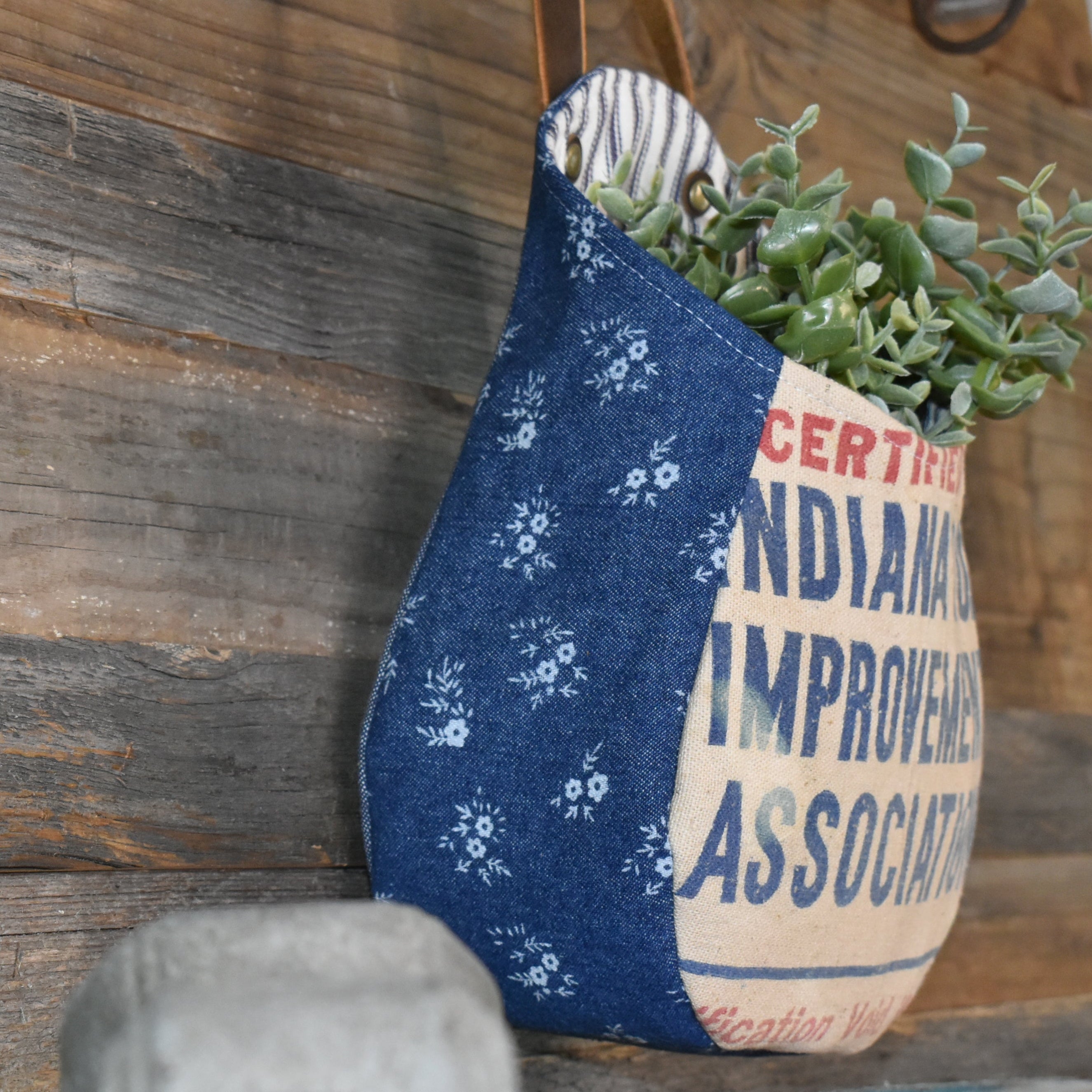 Vintage Indiana Seed Sack Wall Pocket Basket