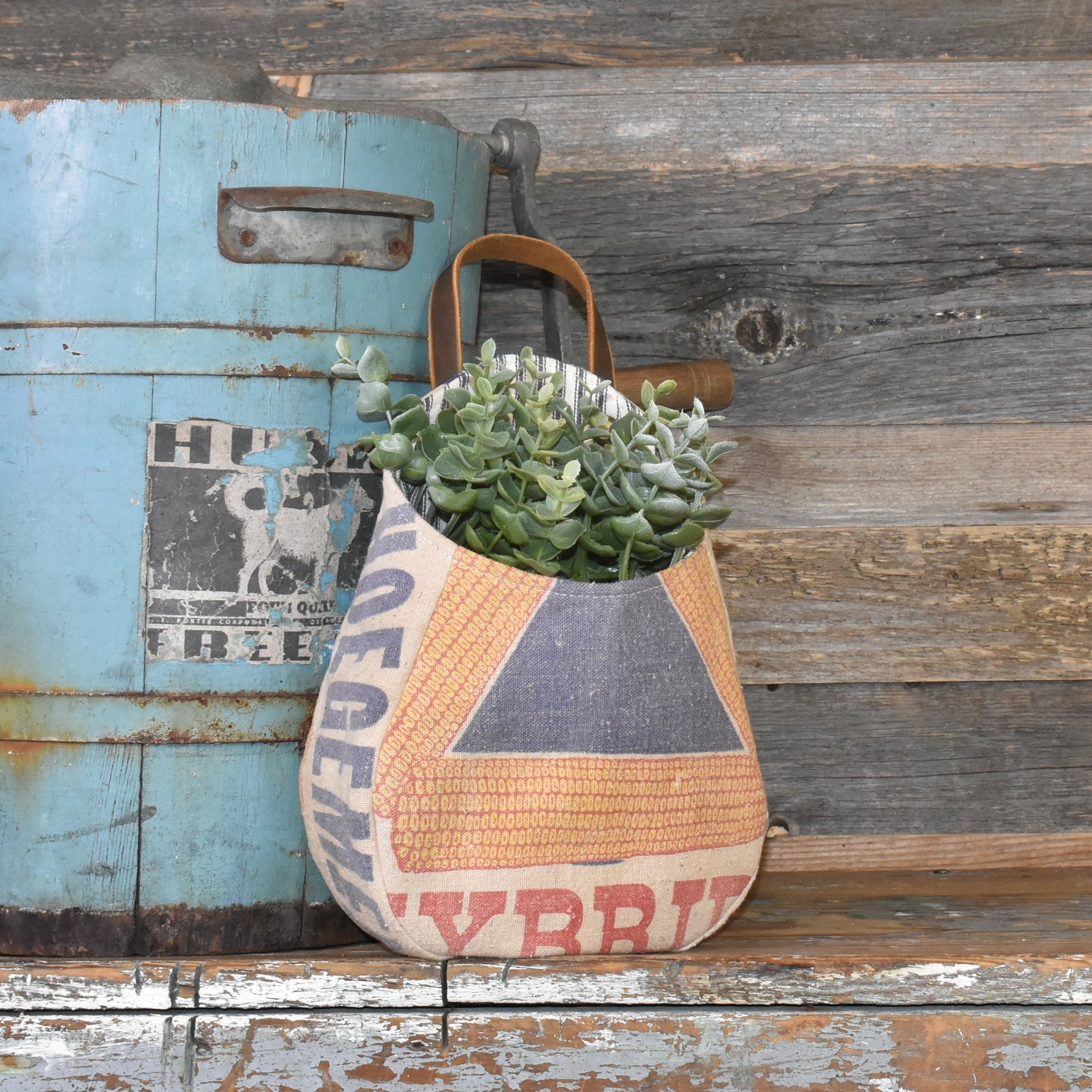 Vintage Hoegemeyer Hybrid Corn Seed Sack Wall Pocket Basket